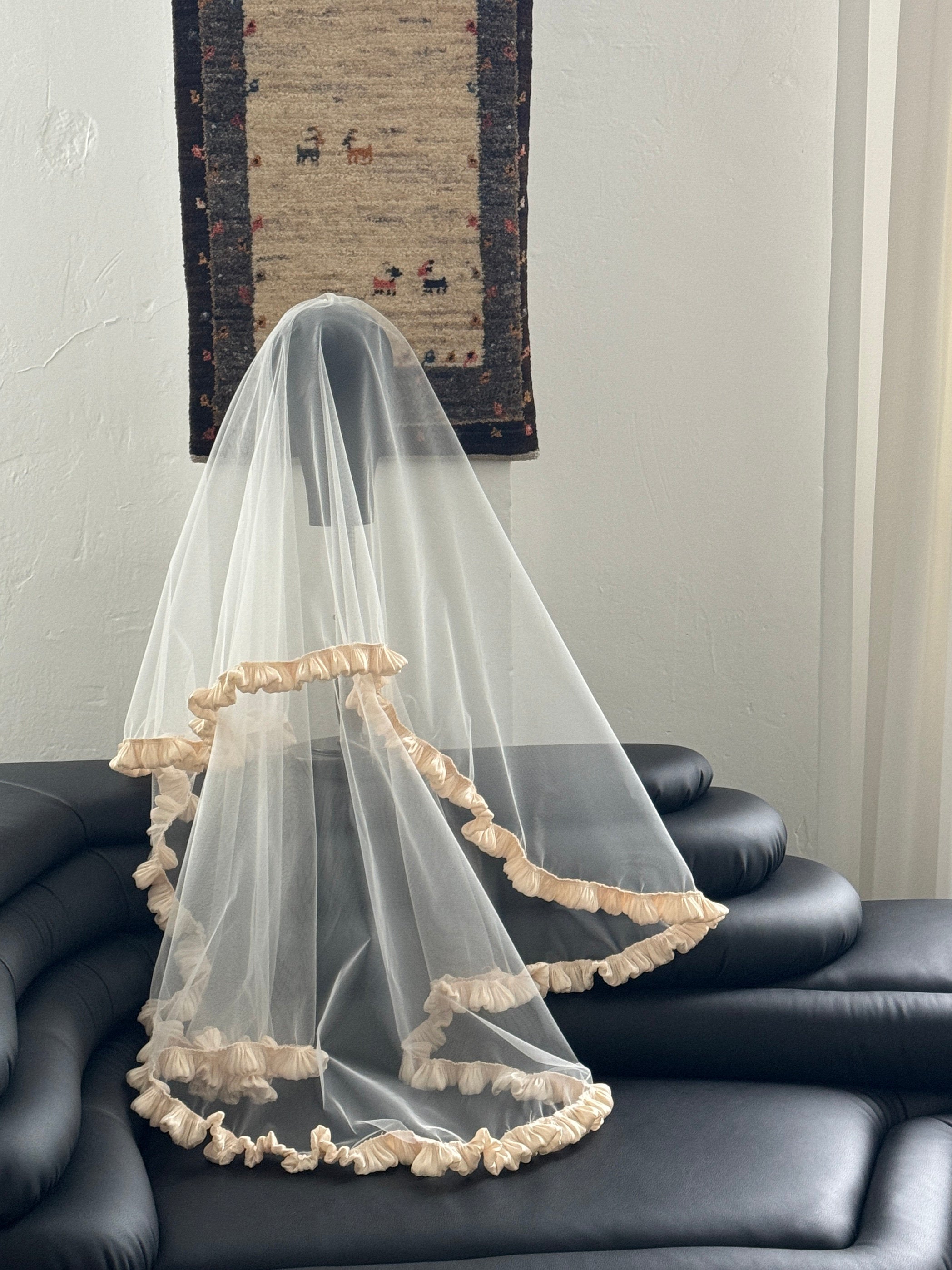Romantic Double-Tier Champagne Ruffle Bridal Veil - Pleated Satin Trim Coquette Wedding Veil, Voluminous Mid-Length Vintage Balcore Veil  LUNA-X364