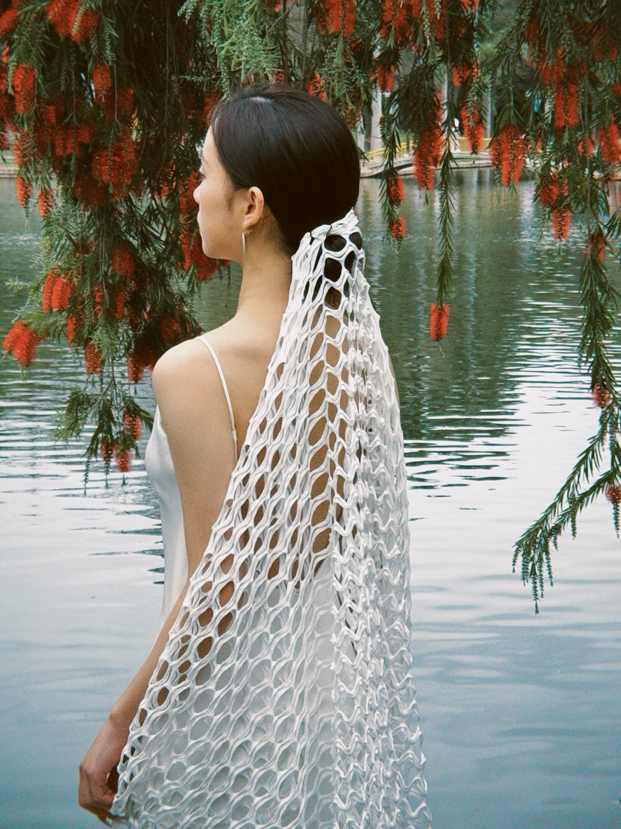 Avant-Garde Geometric Crochet Lattice Bridal Veil - Modern Retro Open-Knit Mesh Cathedral Veil, Whimsical Boho Floor-Sweeping Statement Elopement Veil  LUNA-X365