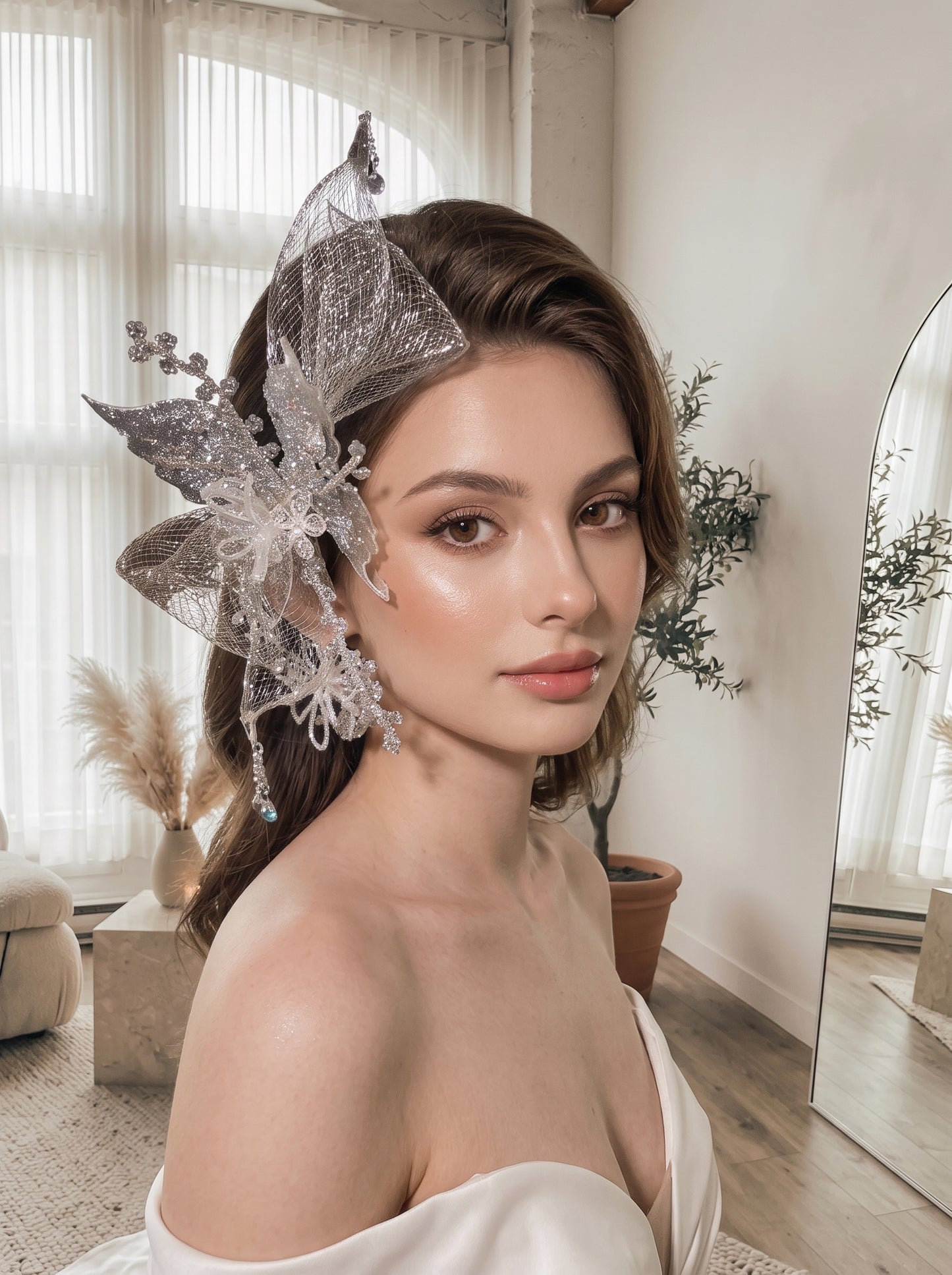 Ethereal 5-Pcs Iridescent Butterfly Bridal Headpiece Set - Futuristic Metallic Mesh Glitter Hairpin Kit, Elven Mermaidcore Wedding Hair Accessories LUNA-X366
