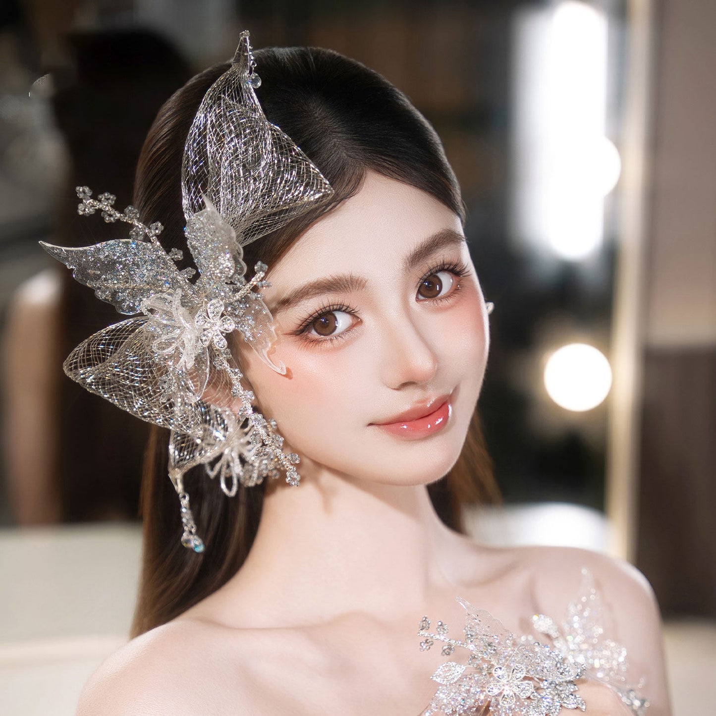 Ethereal 5-Pcs Iridescent Butterfly Bridal Headpiece Set - Futuristic Metallic Mesh Glitter Hairpin Kit, Elven Mermaidcore Wedding Hair Accessories LUNA-X366