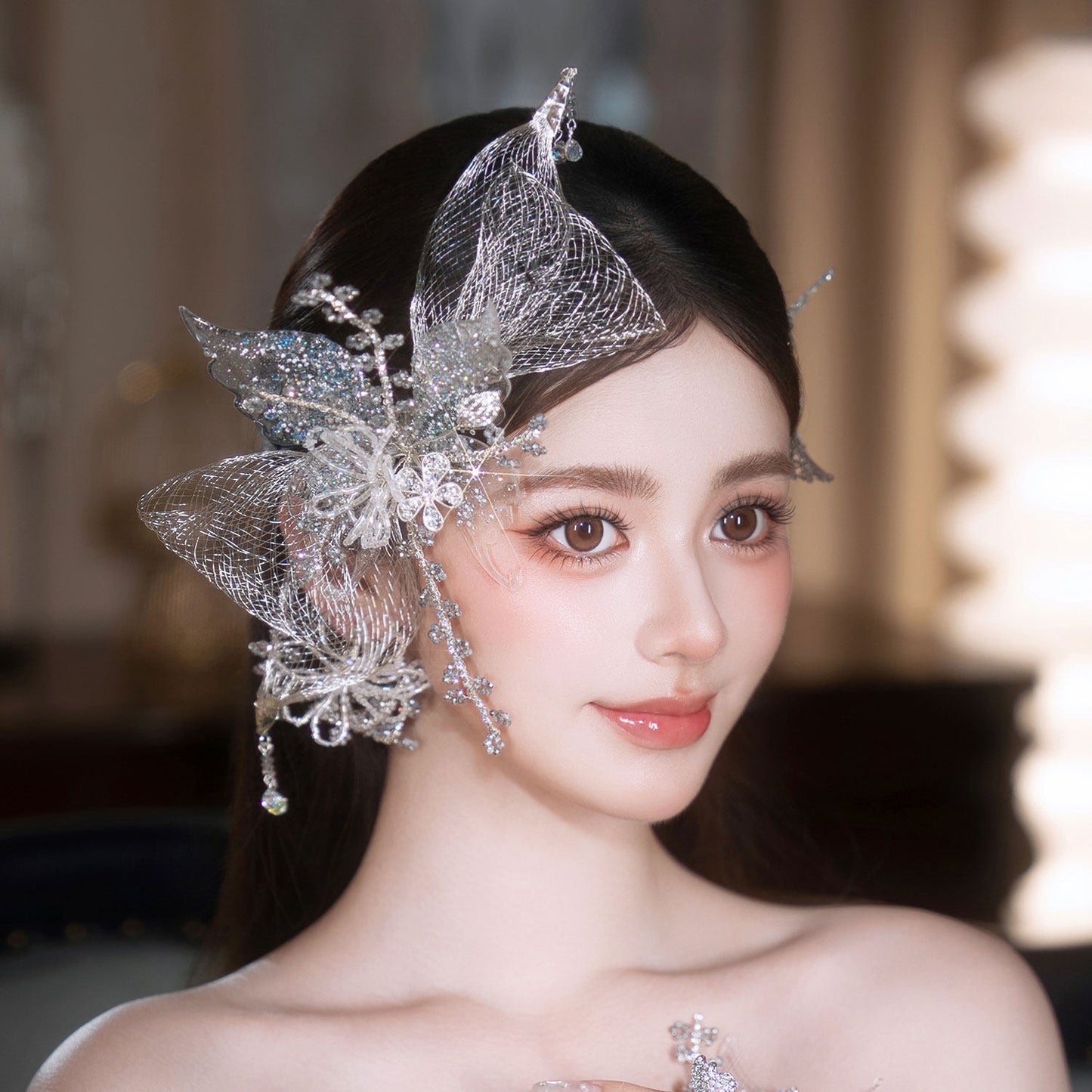 Ethereal 5-Pcs Iridescent Butterfly Bridal Headpiece Set - Futuristic Metallic Mesh Glitter Hairpin Kit, Elven Mermaidcore Wedding Hair Accessories LUNA-X366