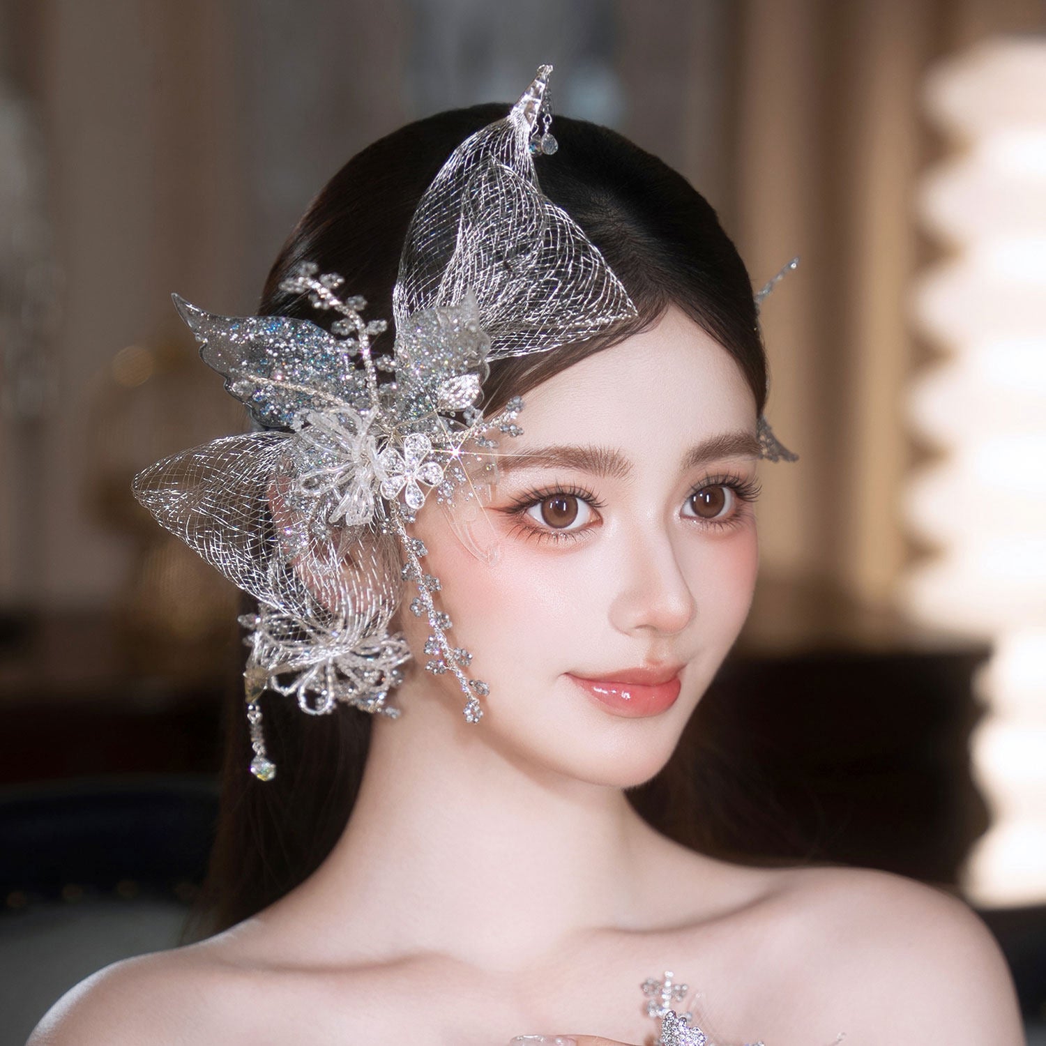 Ethereal 5-Pcs Iridescent Butterfly Bridal Headpiece Set - Futuristic Metallic Mesh Glitter Hairpin Kit, Elven Mermaidcore Wedding Hair Accessories LUNA-X366