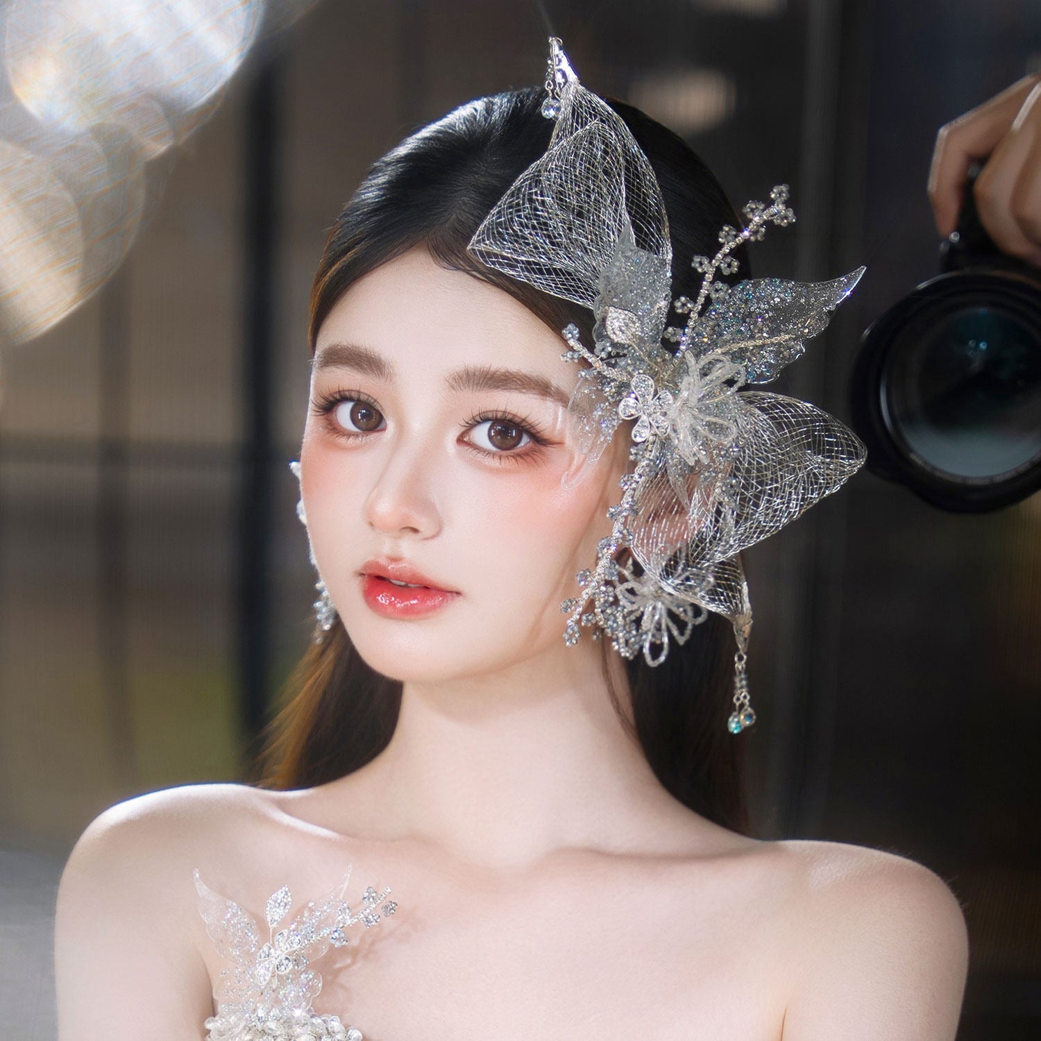 Ethereal 5-Pcs Iridescent Butterfly Bridal Headpiece Set - Futuristic Metallic Mesh Glitter Hairpin Kit, Elven Mermaidcore Wedding Hair Accessories LUNA-X366
