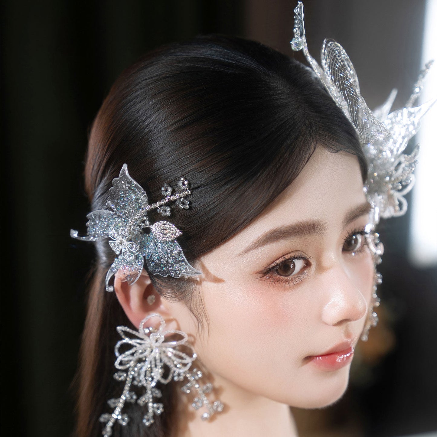 Ethereal 5-Pcs Iridescent Butterfly Bridal Headpiece Set - Futuristic Metallic Mesh Glitter Hairpin Kit, Elven Mermaidcore Wedding Hair Accessories LUNA-X366