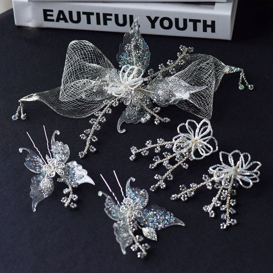 Ethereal 5-Pcs Iridescent Butterfly Bridal Headpiece Set - Futuristic Metallic Mesh Glitter Hairpin Kit, Elven Mermaidcore Wedding Hair Accessories LUNA-X366