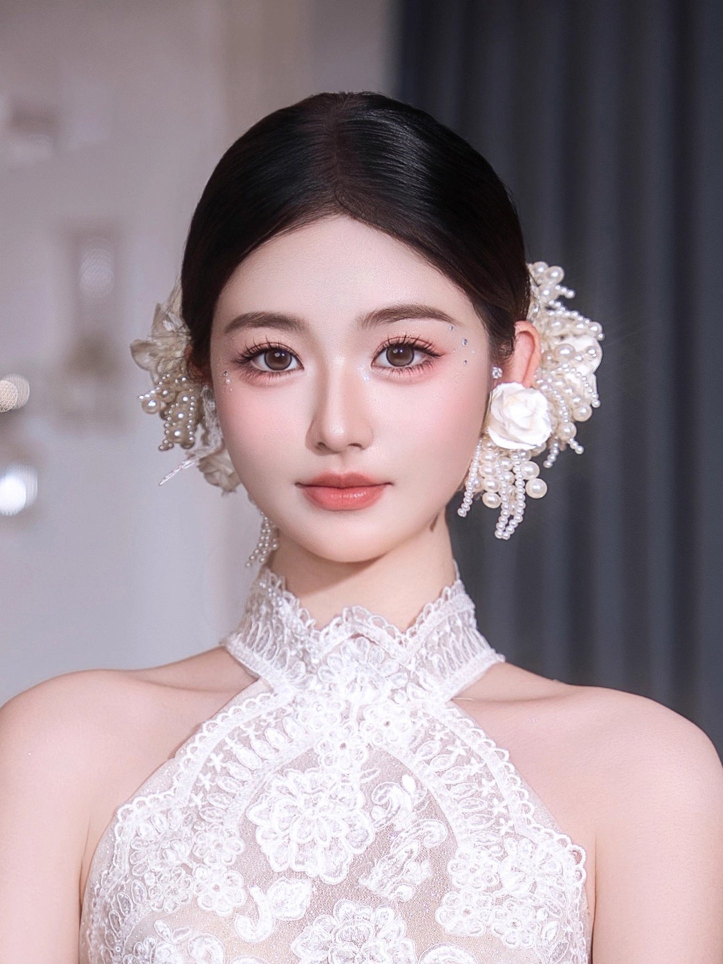 Baroque 3-Pcs Creamy Bead Rose Bridal Headpiece Set - Statement Cluster Beaded Tiara Crown & Matching Floral Drop Tassel Earring Set  LUNA-X367