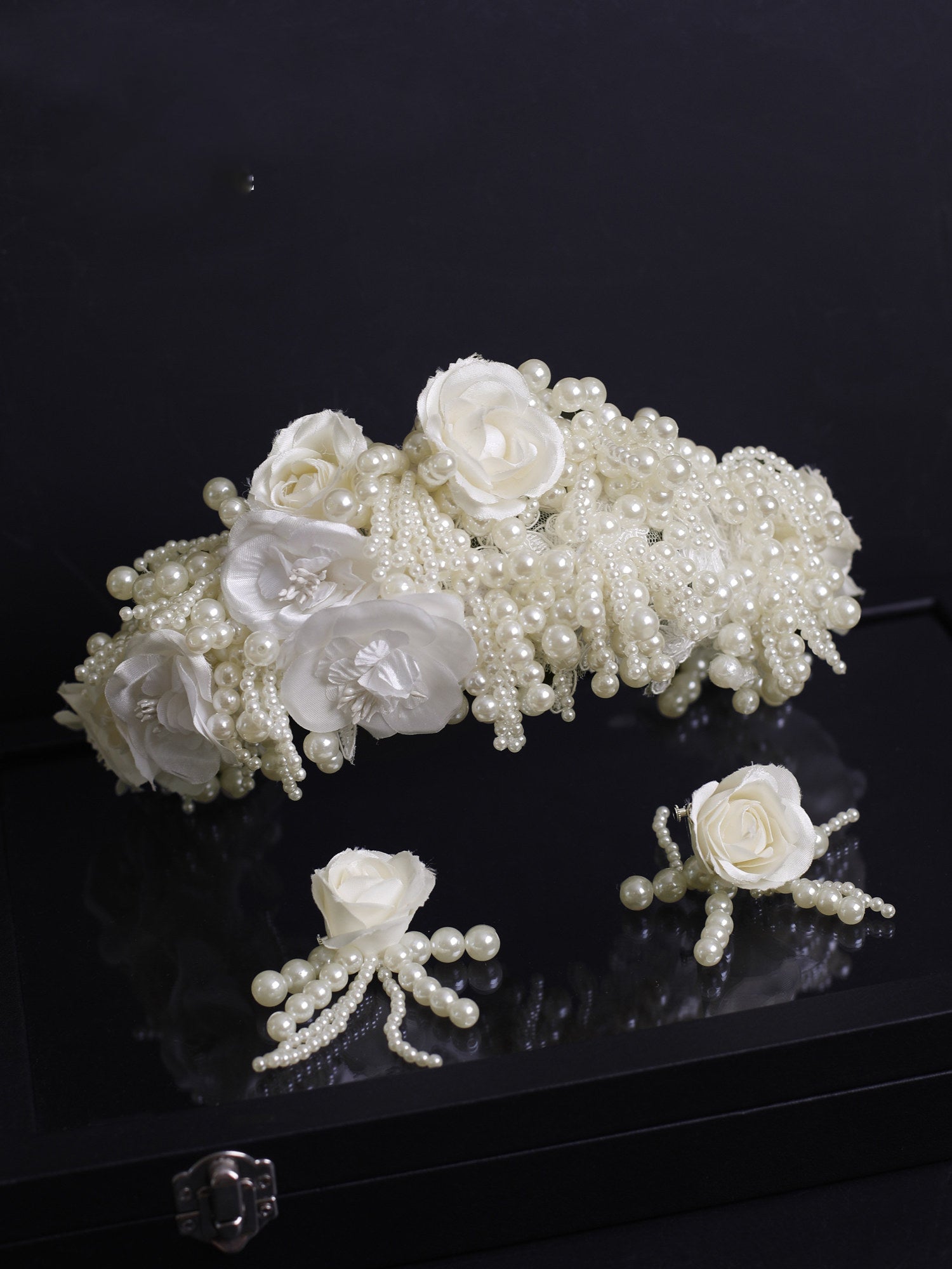 Baroque 3-Pcs Creamy Bead Rose Bridal Headpiece Set - Statement Cluster Beaded Tiara Crown & Matching Floral Drop Tassel Earring Set  LUNA-X367