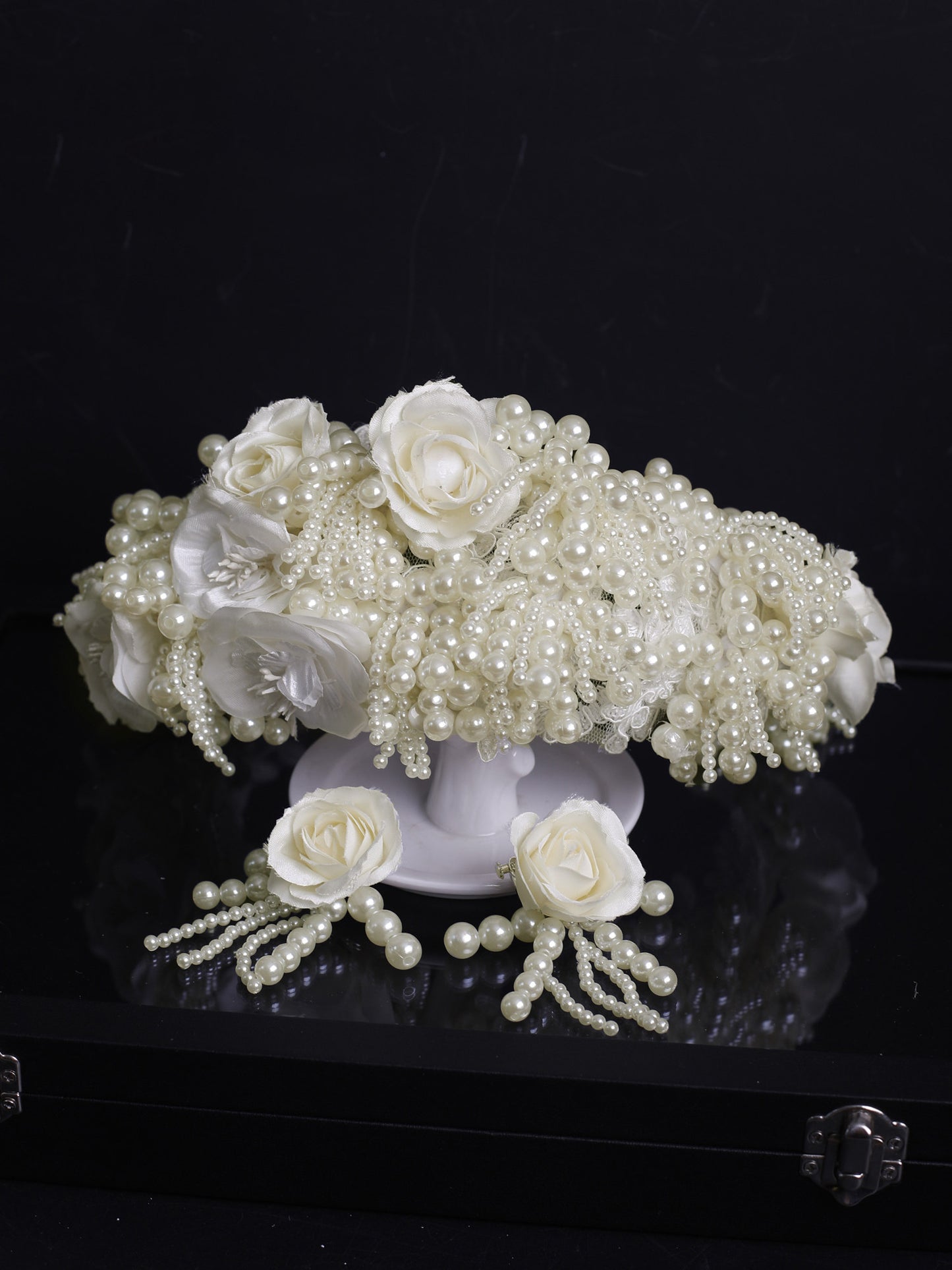 Baroque 3-Pcs Creamy Bead Rose Bridal Headpiece Set - Statement Cluster Beaded Tiara Crown & Matching Floral Drop Tassel Earring Set  LUNA-X367