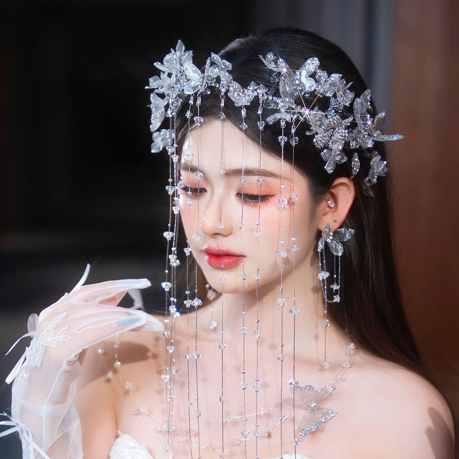 Ethereal Crystal Fringe Elven Bridal Crown Set - Iridescent Butterfly Tassel Headpiece, Whimsical Mermaidcore Statement Wedding Hair Accessories  LUNA-X368