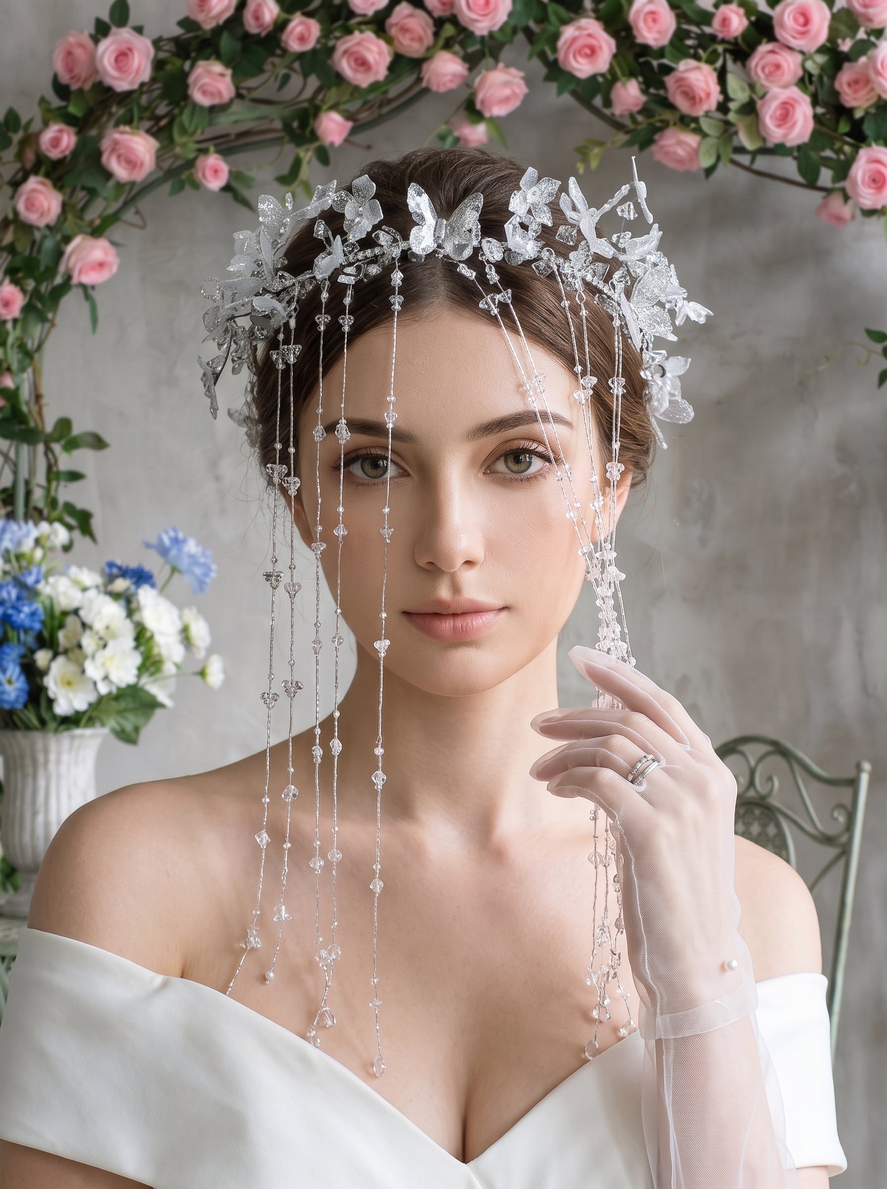 Ethereal Crystal Fringe Elven Bridal Crown Set - Iridescent Butterfly Tassel Headpiece, Whimsical Mermaidcore Statement Wedding Hair Accessories  LUNA-X368