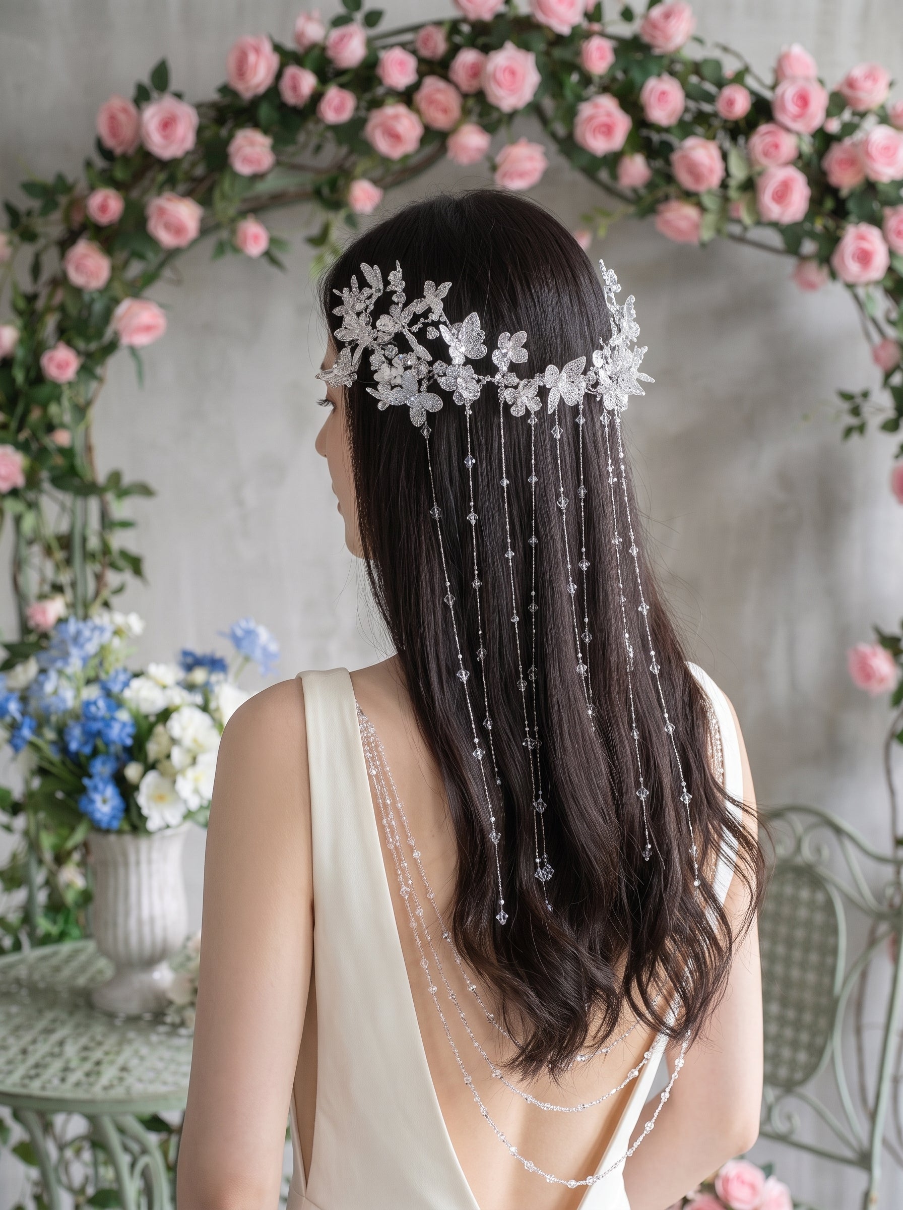 Ethereal Crystal Fringe Elven Bridal Crown Set - Iridescent Butterfly Tassel Headpiece, Whimsical Mermaidcore Statement Wedding Hair Accessories  LUNA-X368