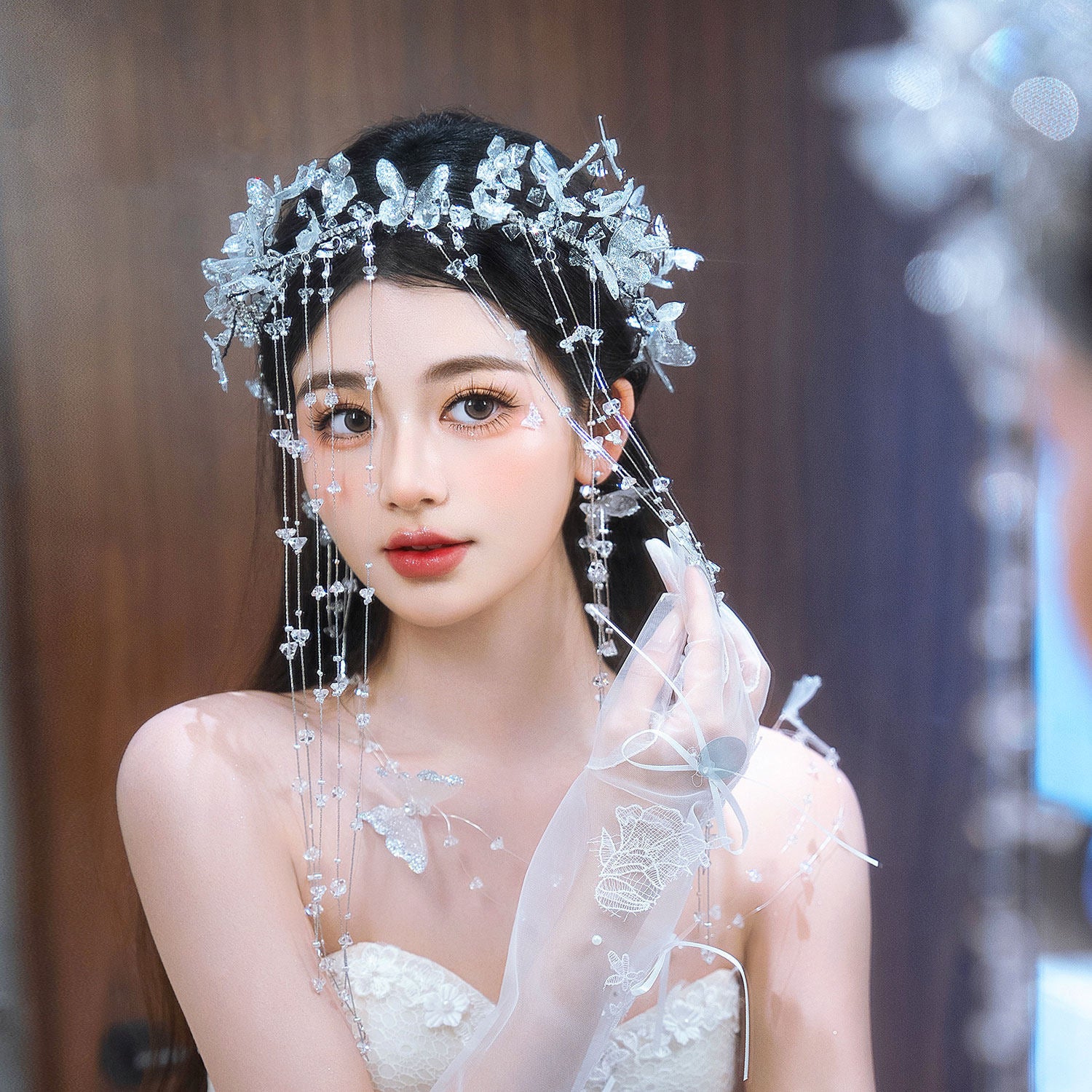 Ethereal Crystal Fringe Elven Bridal Crown Set - Iridescent Butterfly Tassel Headpiece, Whimsical Mermaidcore Statement Wedding Hair Accessories  LUNA-X368