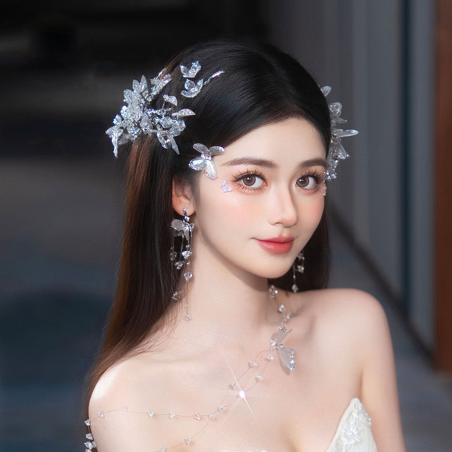 Ethereal Crystal Fringe Elven Bridal Crown Set - Iridescent Butterfly Tassel Headpiece, Whimsical Mermaidcore Statement Wedding Hair Accessories  LUNA-X368