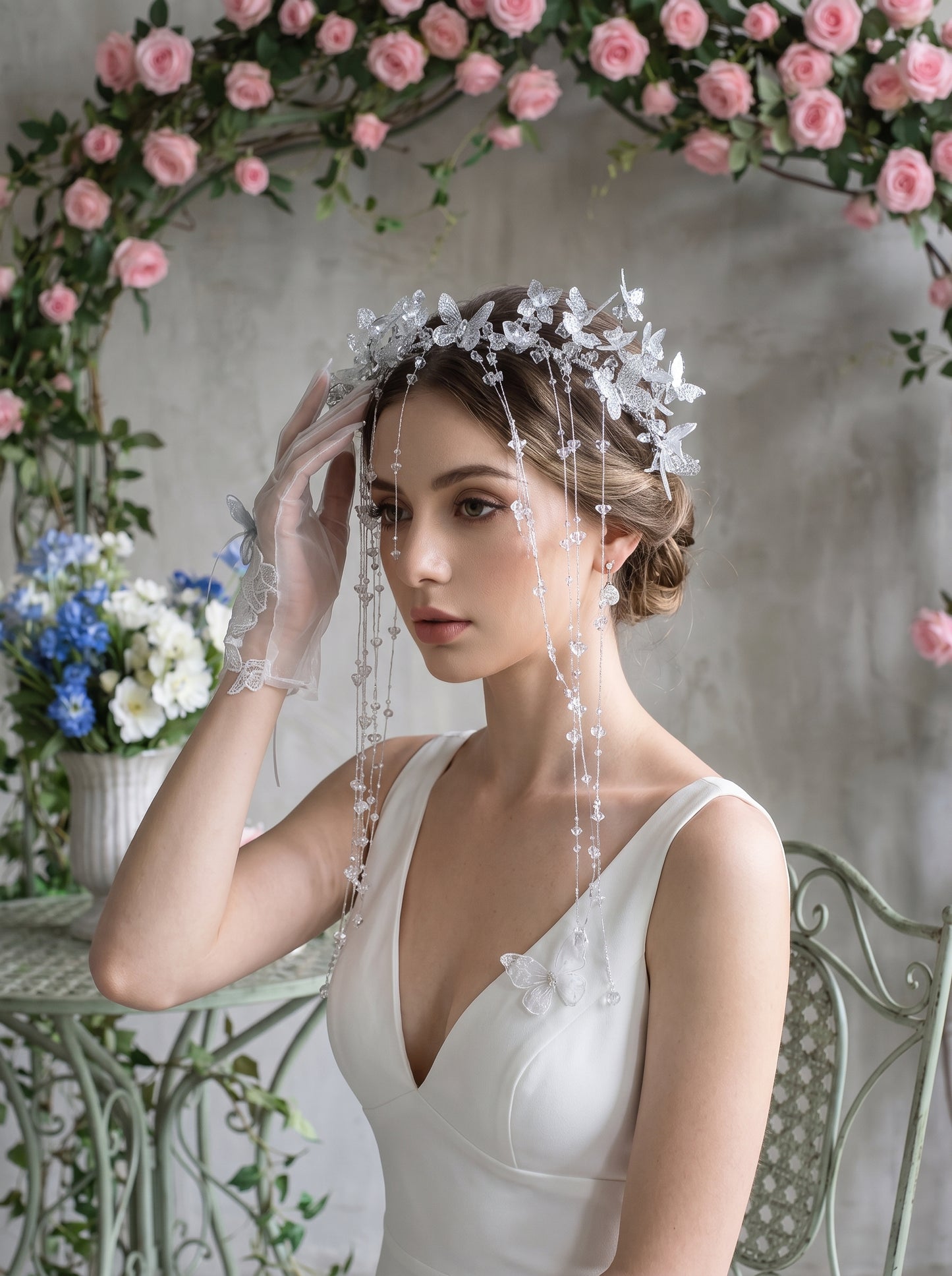 Ethereal Crystal Fringe Elven Bridal Crown Set - Iridescent Butterfly Tassel Headpiece, Whimsical Mermaidcore Statement Wedding Hair Accessories  LUNA-X368
