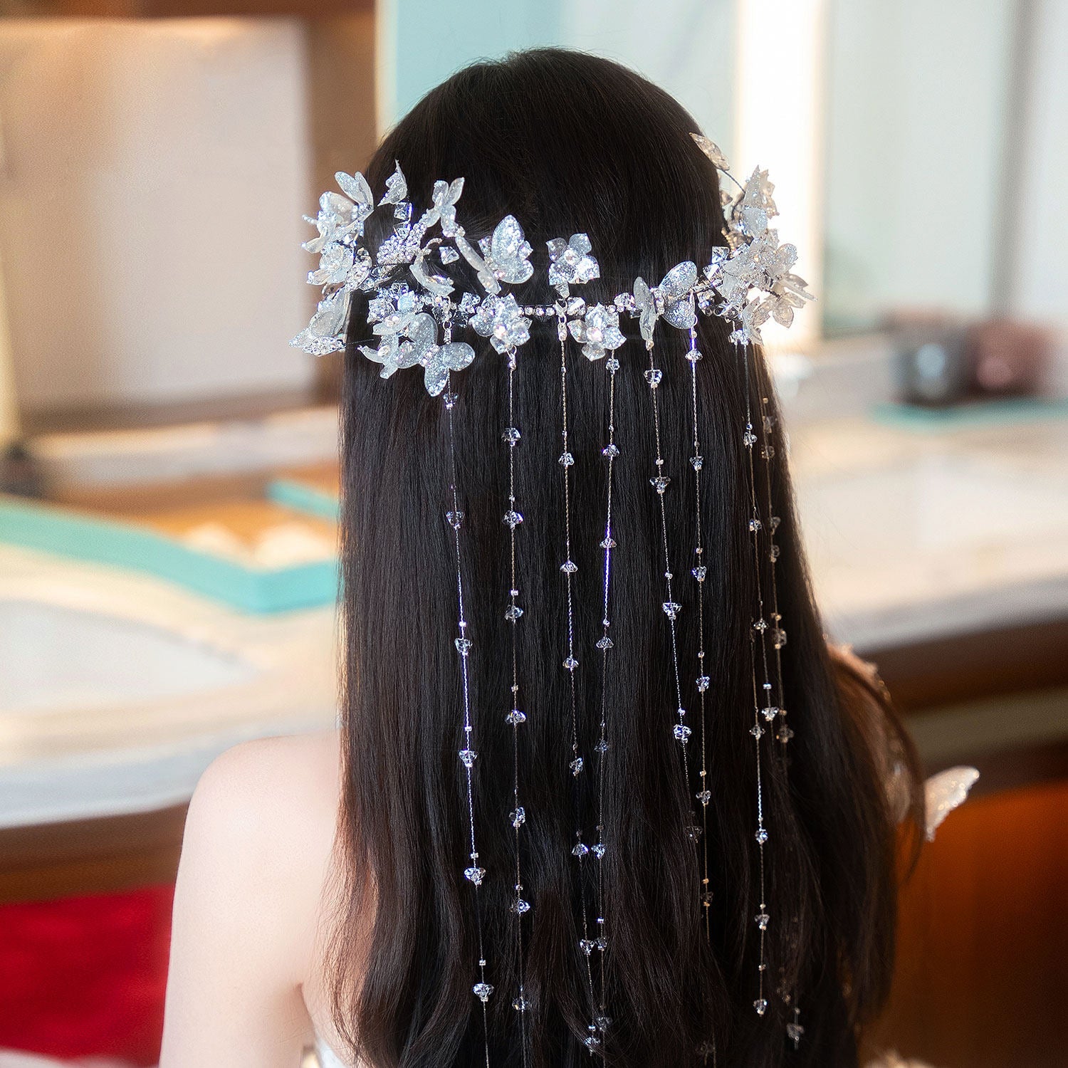 Ethereal Crystal Fringe Elven Bridal Crown Set - Iridescent Butterfly Tassel Headpiece, Whimsical Mermaidcore Statement Wedding Hair Accessories  LUNA-X368