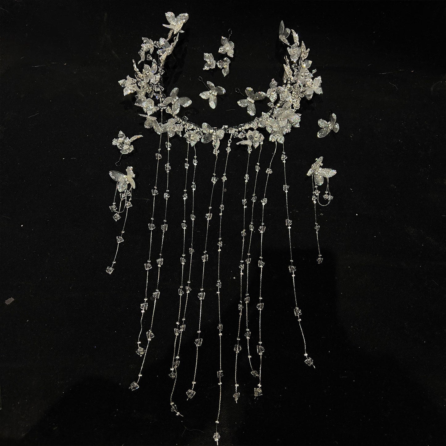 Ethereal Crystal Fringe Elven Bridal Crown Set - Iridescent Butterfly Tassel Headpiece, Whimsical Mermaidcore Statement Wedding Hair Accessories  LUNA-X368