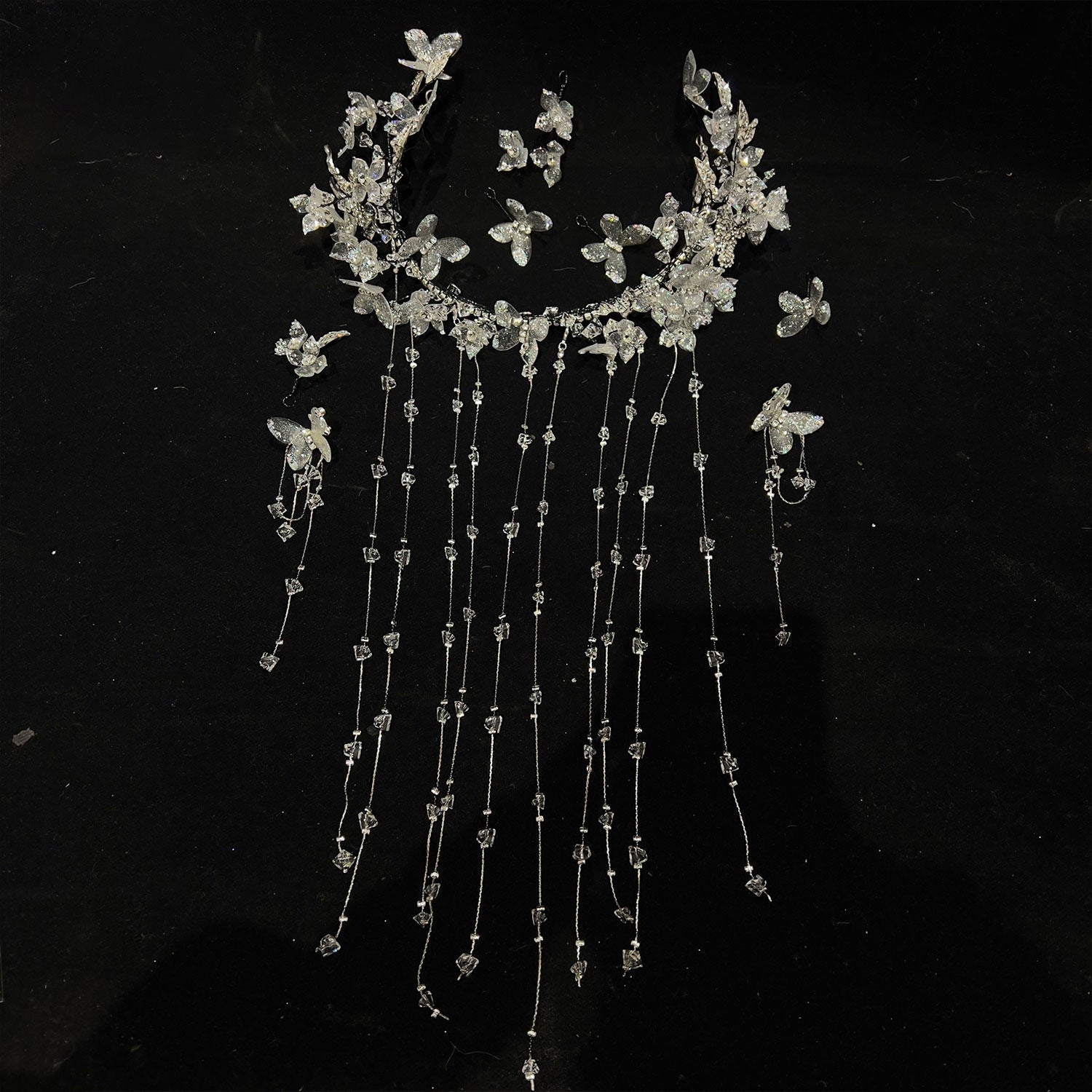 Ethereal Crystal Fringe Elven Bridal Crown Set - Iridescent Butterfly Tassel Headpiece, Whimsical Mermaidcore Statement Wedding Hair Accessories  LUNA-X368
