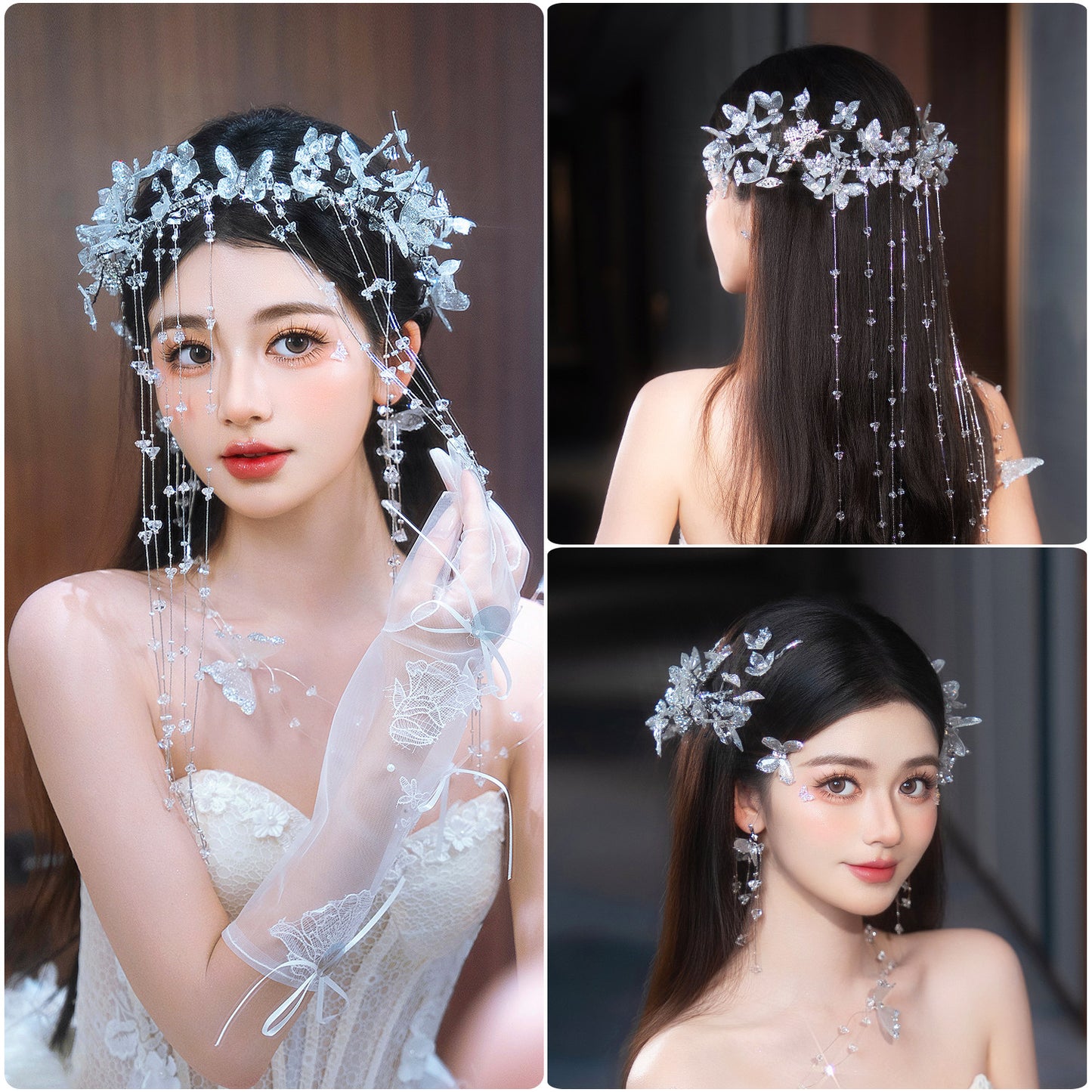 Ethereal Crystal Fringe Elven Bridal Crown Set - Iridescent Butterfly Tassel Headpiece, Whimsical Mermaidcore Statement Wedding Hair Accessories  LUNA-X368