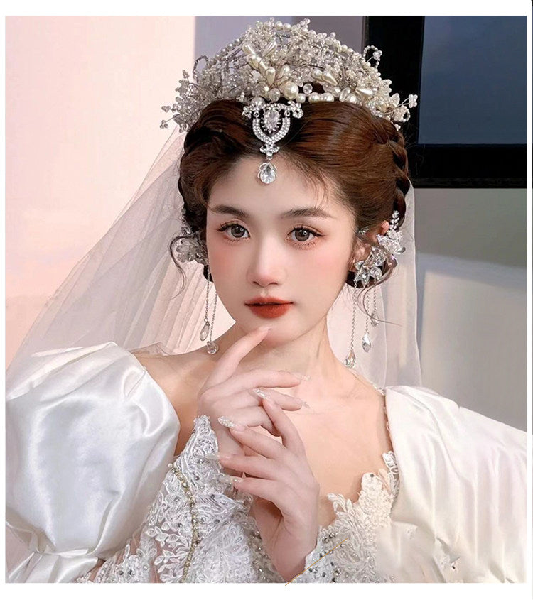 Baroque Beaded Bridal Tiara Crown Set - 3-Pcs Vintage Glass Gem Queen Coronation Headpiece with Forehead Pendant & Matching Earring Clips  LUNA-X369