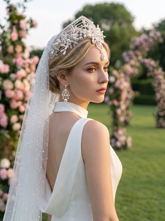 Baroque Beaded Bridal Tiara Crown Set - 3-Pcs Vintage Glass Gem Queen Coronation Headpiece with Forehead Pendant & Matching Earring Clips  LUNA-X369