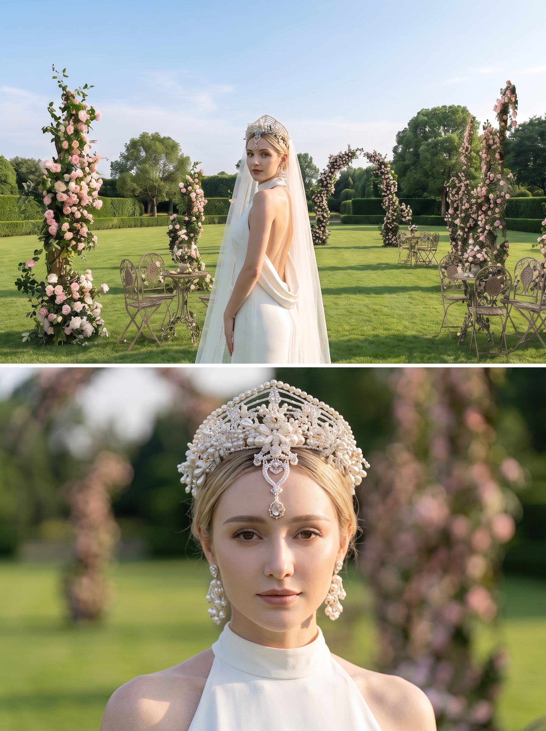 Baroque Beaded Bridal Tiara Crown Set - 3-Pcs Vintage Glass Gem Queen Coronation Headpiece with Forehead Pendant & Matching Earring Clips  LUNA-X369
