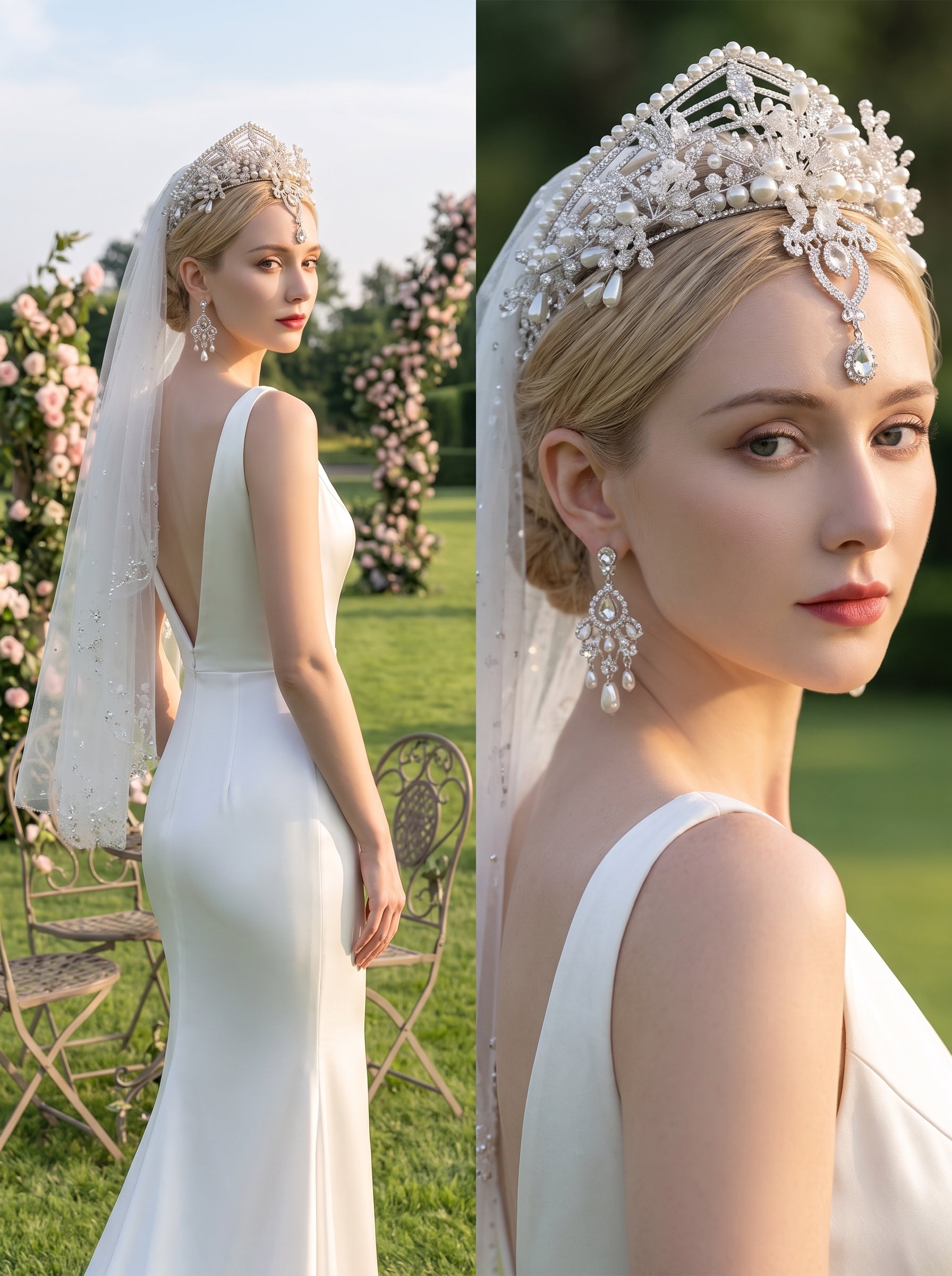 Baroque Beaded Bridal Tiara Crown Set - 3-Pcs Vintage Glass Gem Queen Coronation Headpiece with Forehead Pendant & Matching Earring Clips  LUNA-X369