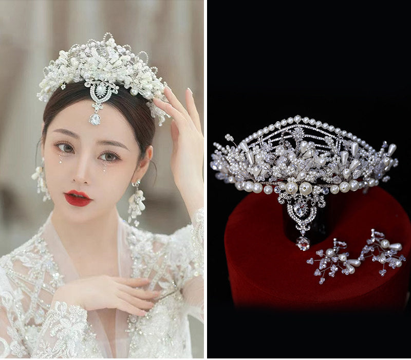 Baroque Beaded Bridal Tiara Crown Set - 3-Pcs Vintage Glass Gem Queen Coronation Headpiece with Forehead Pendant & Matching Earring Clips  LUNA-X369