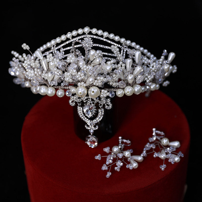 Baroque Beaded Bridal Tiara Crown Set - 3-Pcs Vintage Glass Gem Queen Coronation Headpiece with Forehead Pendant & Matching Earring Clips  LUNA-X369