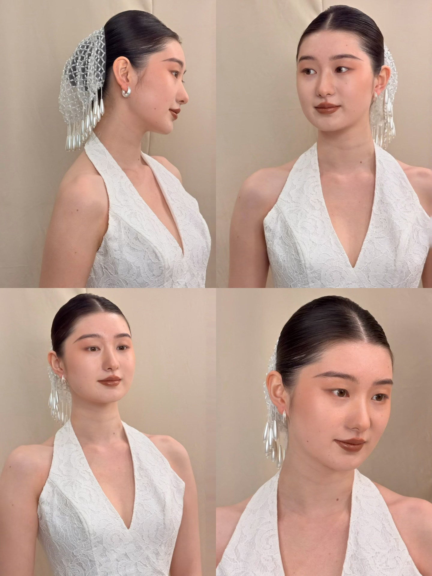 Vintage Beaded Bridal Hairnet Cap - Hand-Woven Couture Wedding Headpiece with Cascading Teardrop Tassels  LUNA-X370