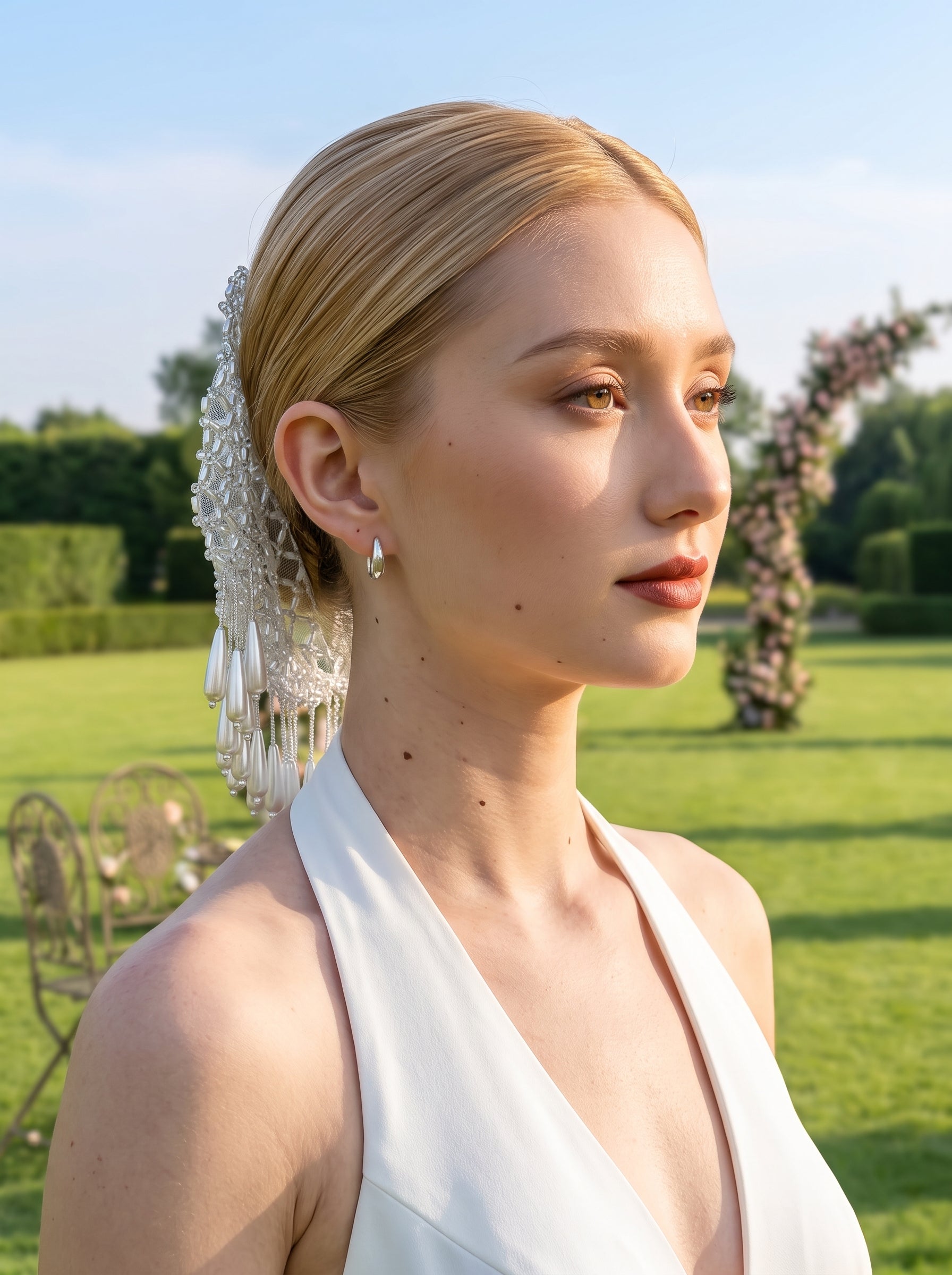 Vintage Beaded Bridal Hairnet Cap - Hand-Woven Couture Wedding Headpiece with Cascading Teardrop Tassels  LUNA-X370