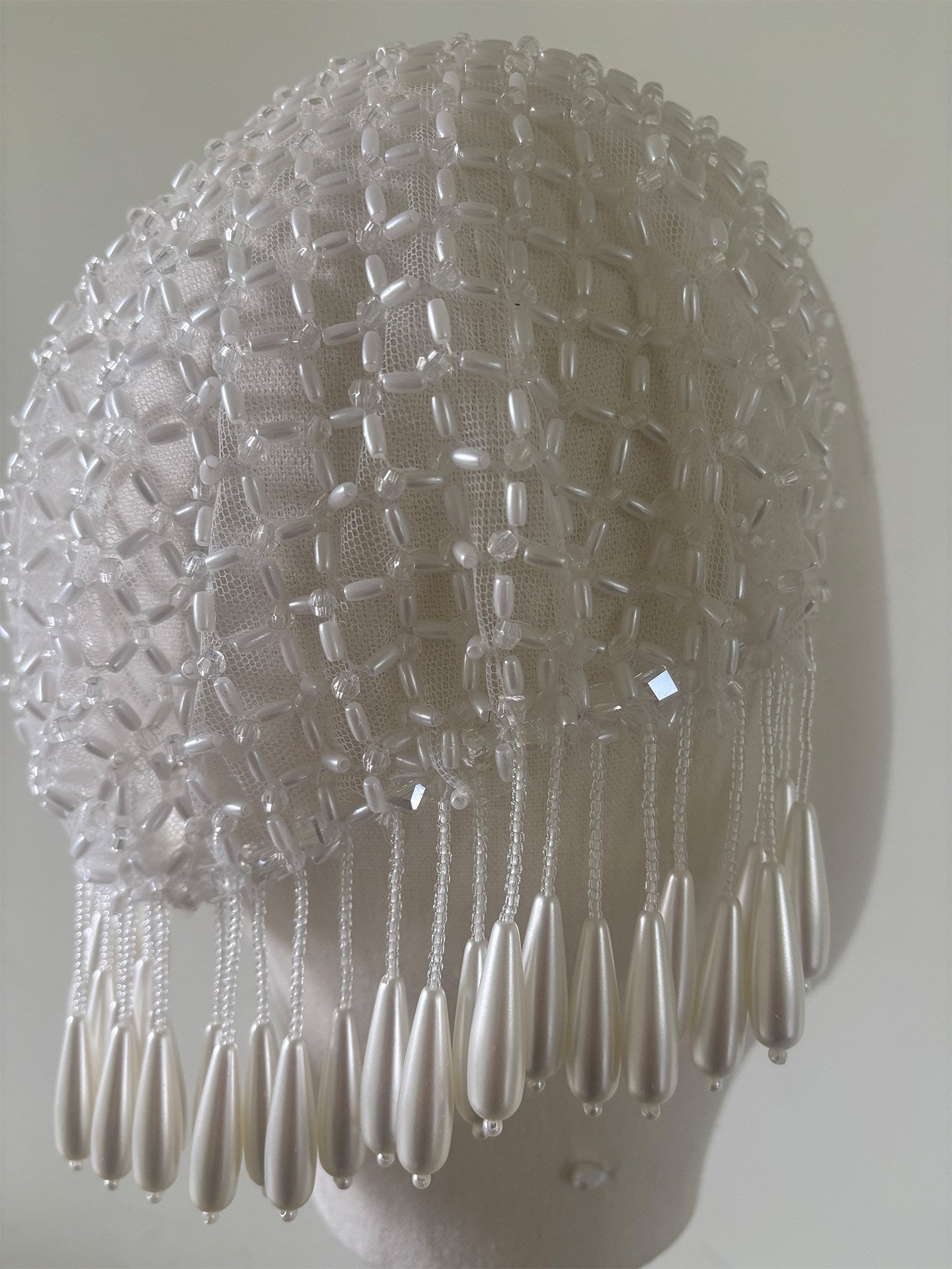 Vintage Beaded Bridal Hairnet Cap - Hand-Woven Couture Wedding Headpiece with Cascading Teardrop Tassels  LUNA-X370