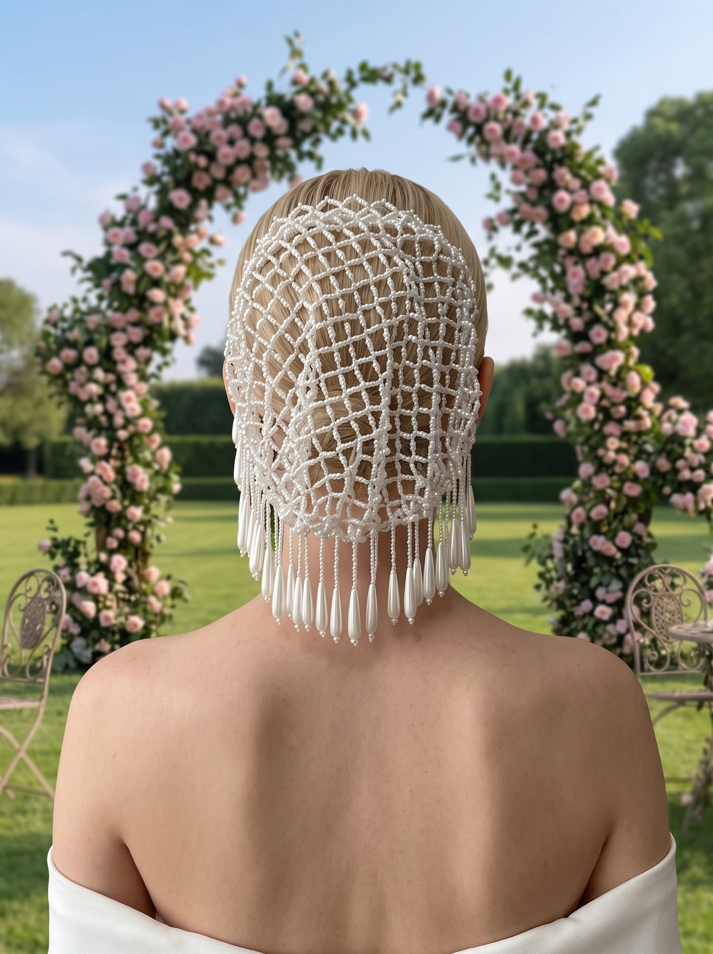 Vintage Beaded Bridal Hairnet Cap - Hand-Woven Couture Wedding Headpiece with Cascading Teardrop Tassels  LUNA-X370