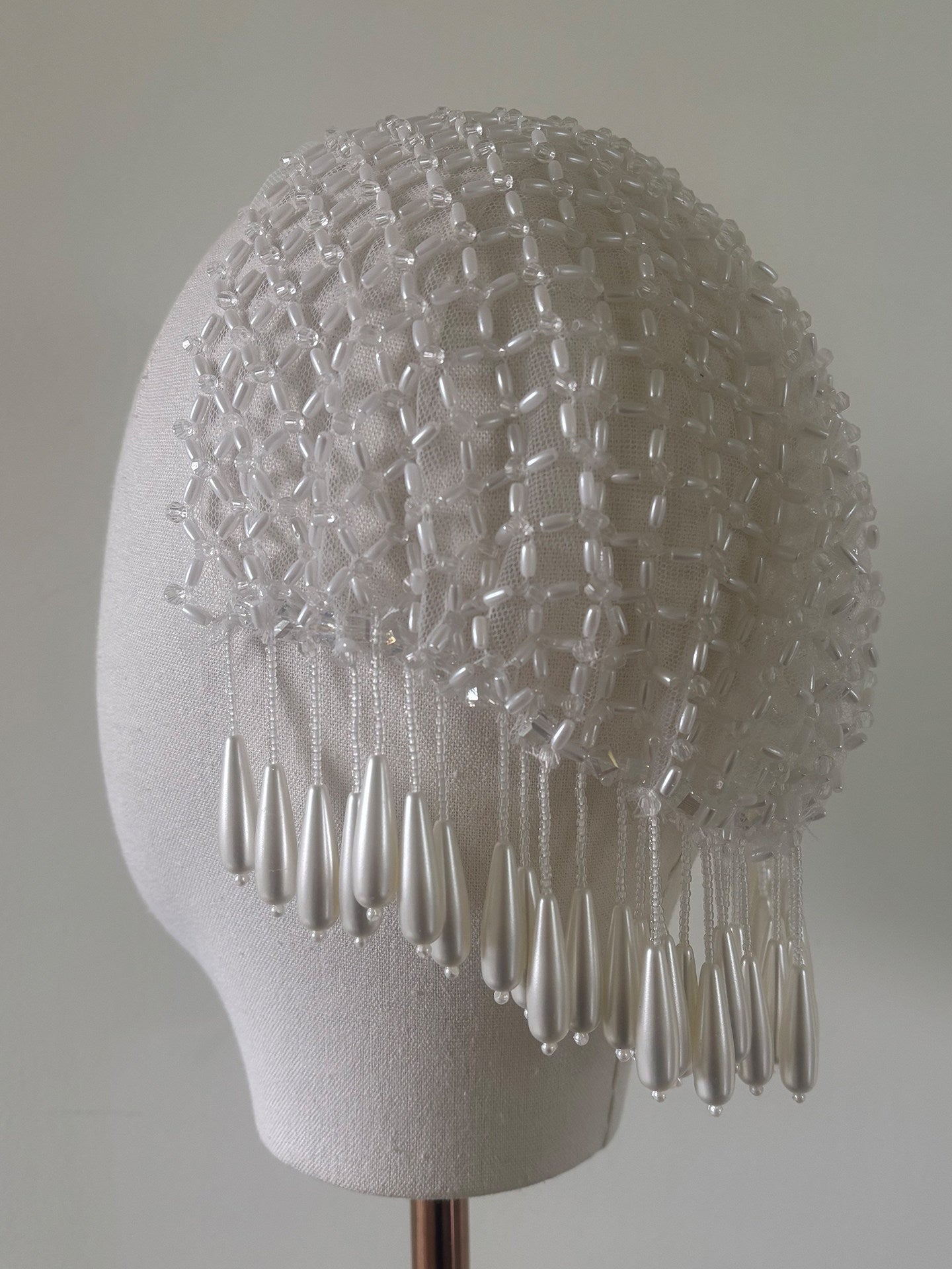 Vintage Beaded Bridal Hairnet Cap - Hand-Woven Couture Wedding Headpiece with Cascading Teardrop Tassels  LUNA-X370