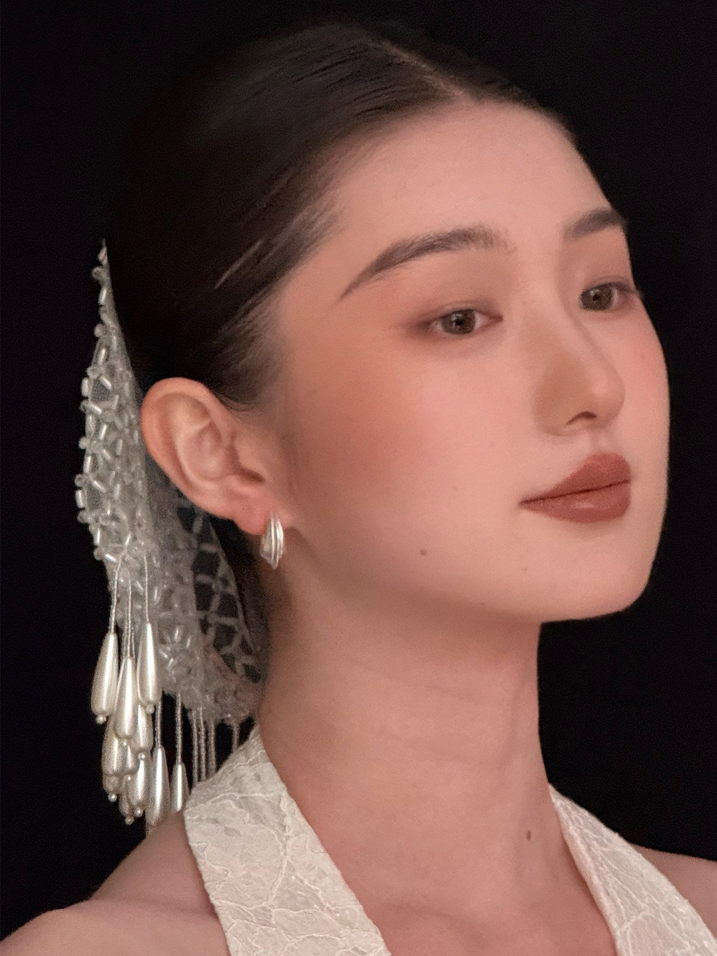 Vintage Beaded Bridal Hairnet Cap - Hand-Woven Couture Wedding Headpiece with Cascading Teardrop Tassels  LUNA-X370