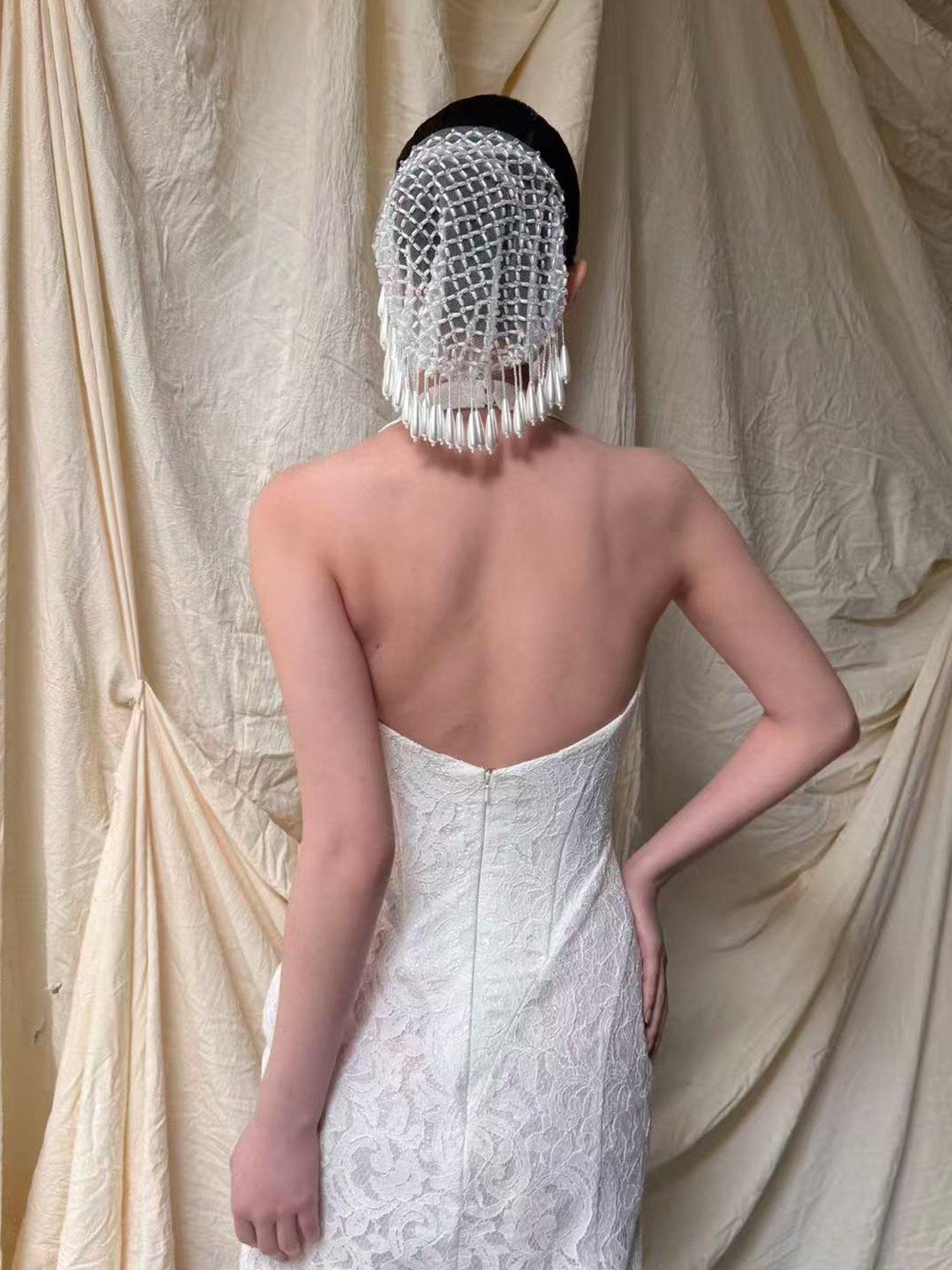 Vintage Beaded Bridal Hairnet Cap - Hand-Woven Couture Wedding Headpiece with Cascading Teardrop Tassels  LUNA-X370