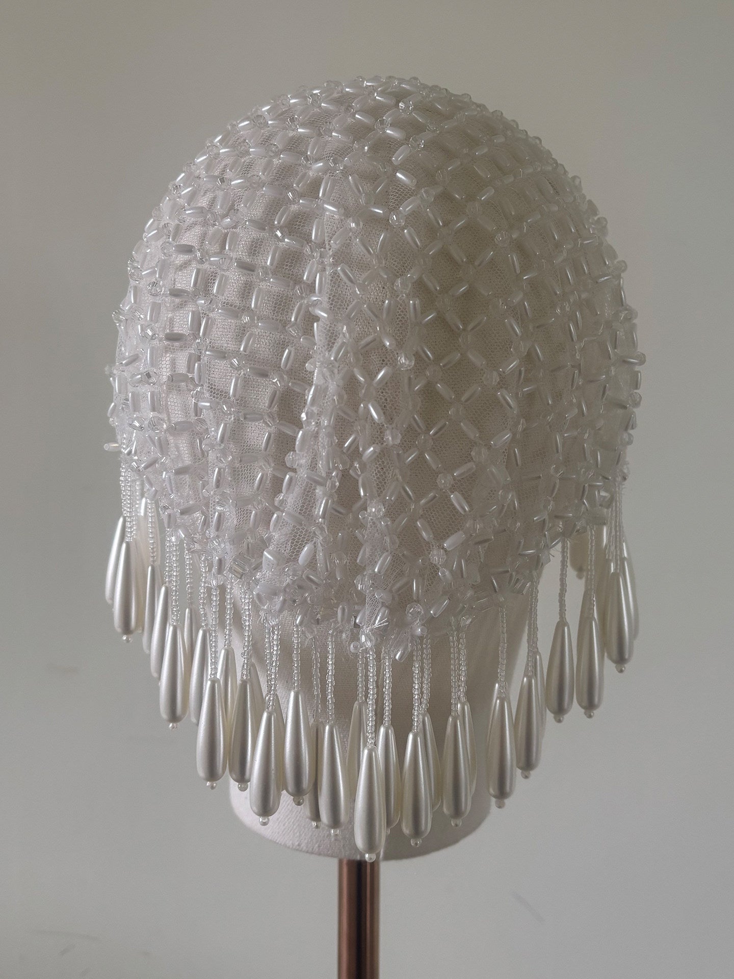 Vintage Beaded Bridal Hairnet Cap - Hand-Woven Couture Wedding Headpiece with Cascading Teardrop Tassels  LUNA-X370