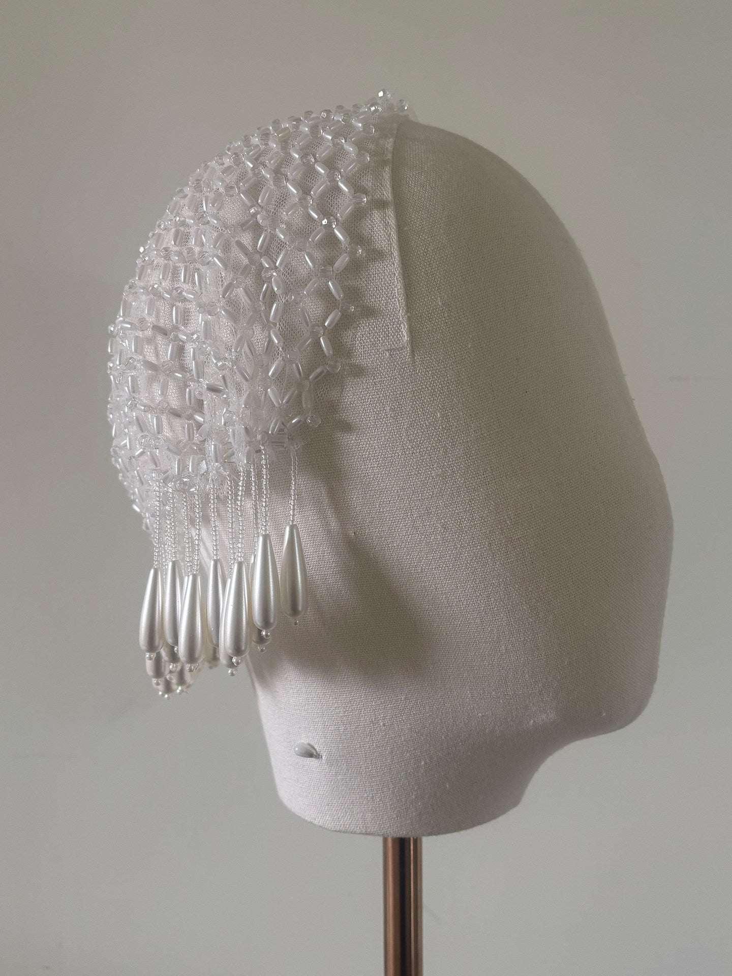 Vintage Beaded Bridal Hairnet Cap - Hand-Woven Couture Wedding Headpiece with Cascading Teardrop Tassels  LUNA-X370