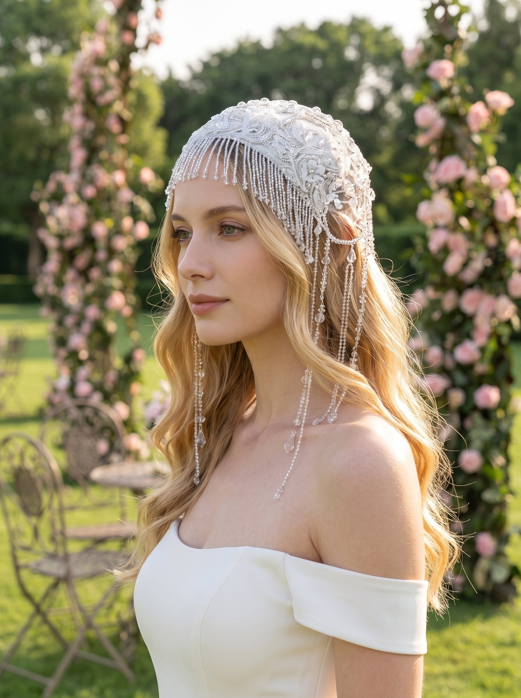 Vintage 1920s Flapper Bridal Juliet Cap - Hand-Beaded Lace Embroidery Wedding Headpiece with Cascading Side Tassels LUNA-X371