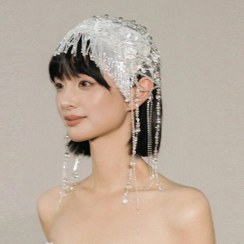 Vintage 1920s Flapper Bridal Juliet Cap - Hand-Beaded Lace Embroidery Wedding Headpiece with Cascading Side Tassels LUNA-X371