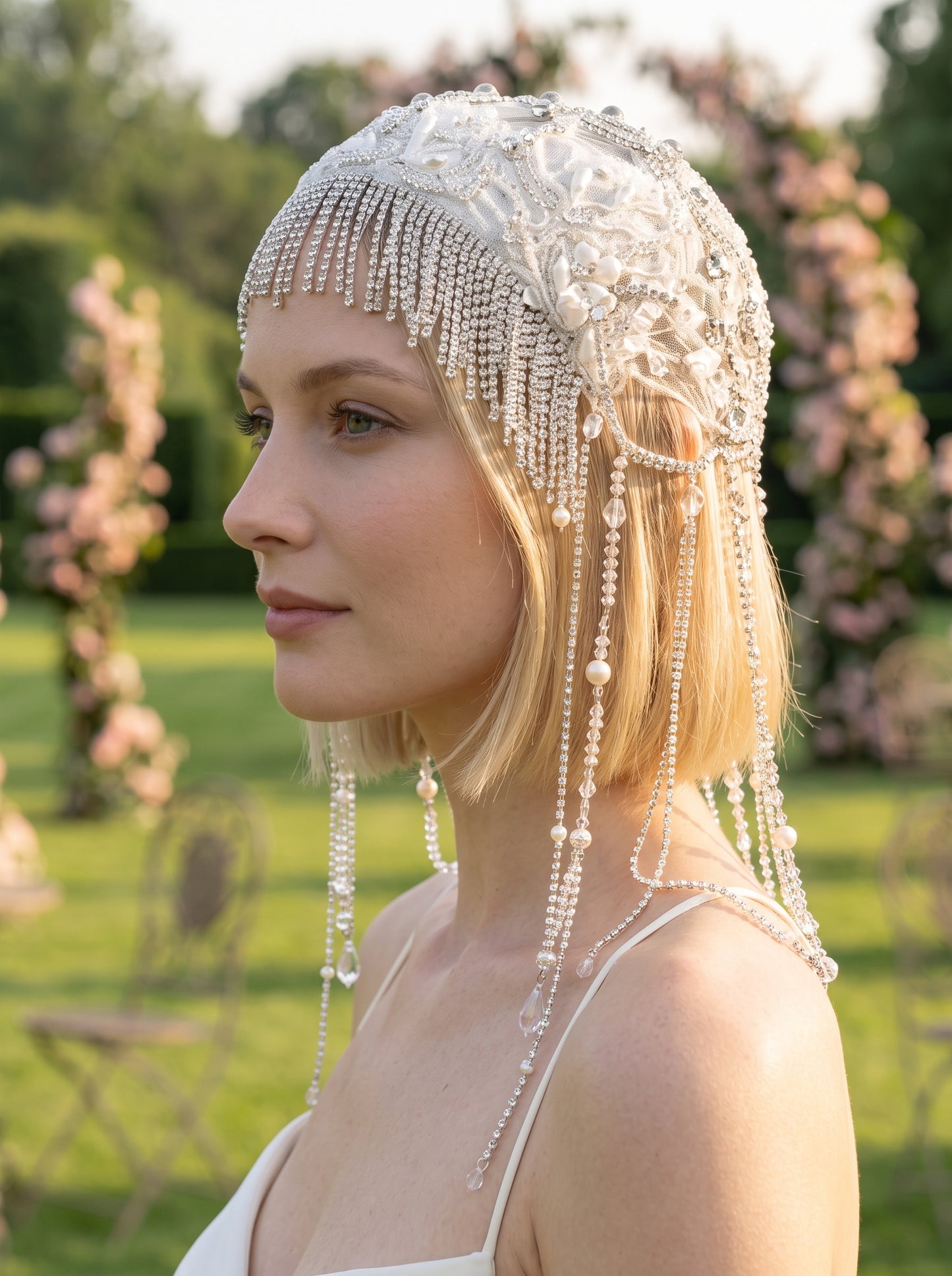 Vintage 1920s Flapper Bridal Juliet Cap - Hand-Beaded Lace Embroidery Wedding Headpiece with Cascading Side Tassels LUNA-X371