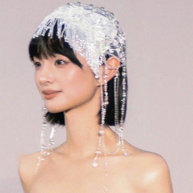 Vintage 1920s Flapper Bridal Juliet Cap - Hand-Beaded Lace Embroidery Wedding Headpiece with Cascading Side Tassels LUNA-X371