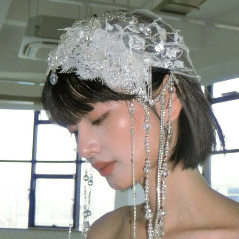 Vintage 1920s Flapper Bridal Juliet Cap - Hand-Beaded Lace Embroidery Wedding Headpiece with Cascading Side Tassels LUNA-X371