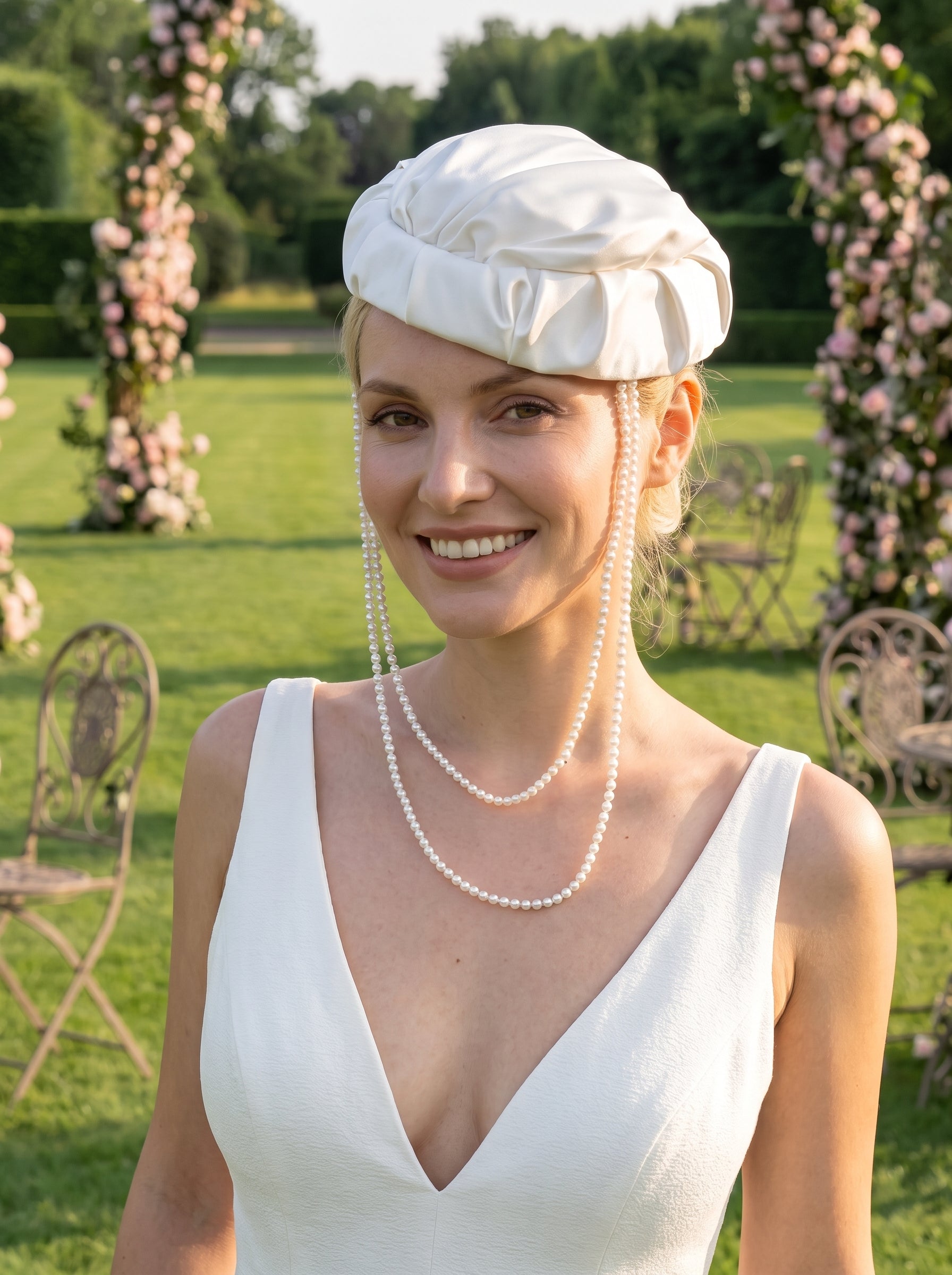 Minimalist Satin Bridal Pillbox Hat - Vintage Origami Pleated Wedding Cap with Long Cascading U-Shape Beaded Strands LUNA-X372