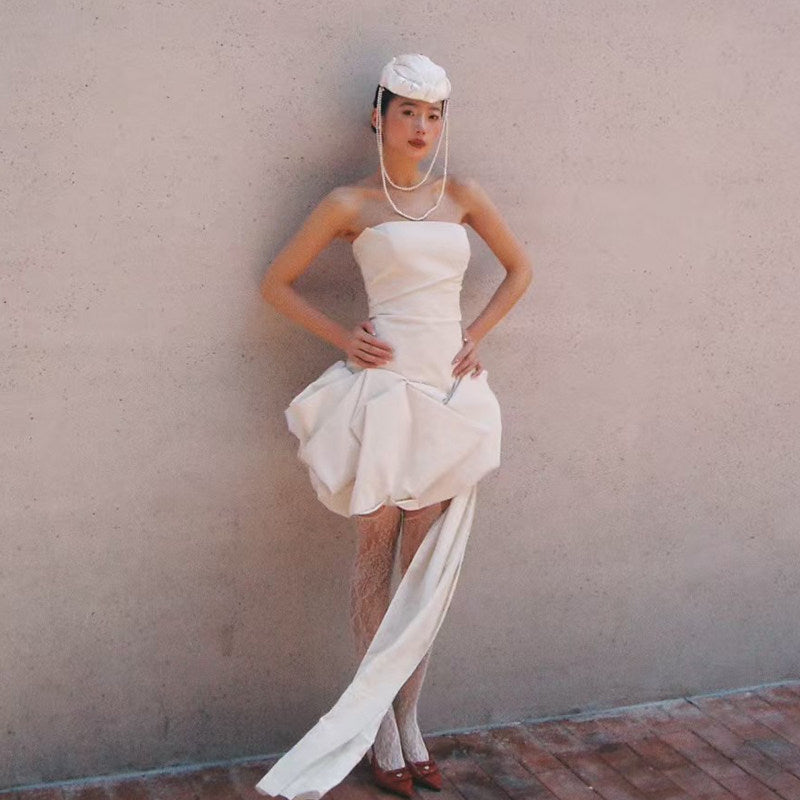 Minimalist Satin Bridal Pillbox Hat - Vintage Origami Pleated Wedding Cap with Long Cascading U-Shape Beaded Strands LUNA-X372