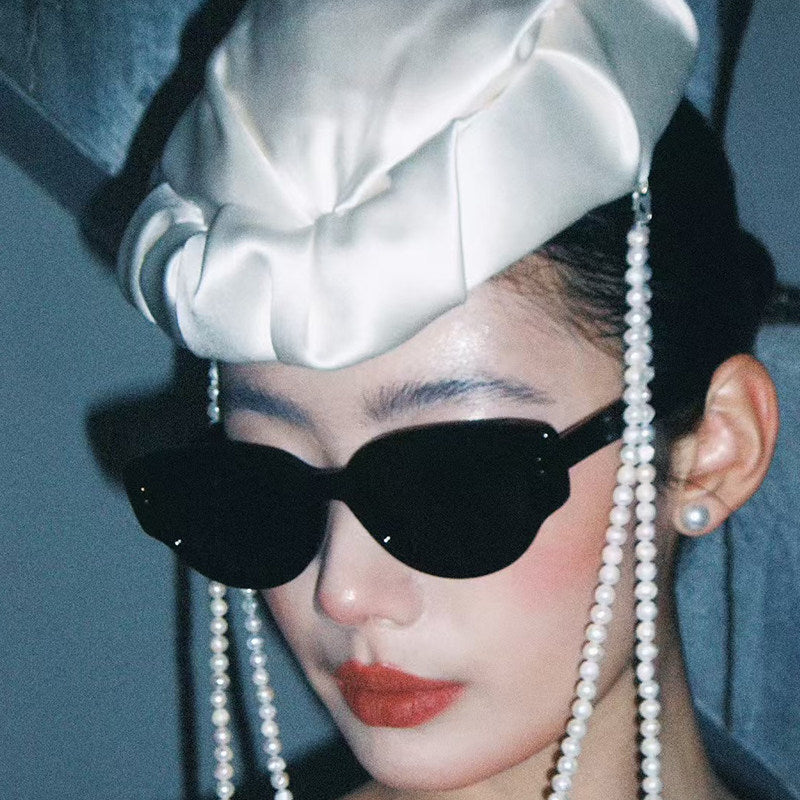 Minimalist Satin Bridal Pillbox Hat - Vintage Origami Pleated Wedding Cap with Long Cascading U-Shape Beaded Strands LUNA-X372