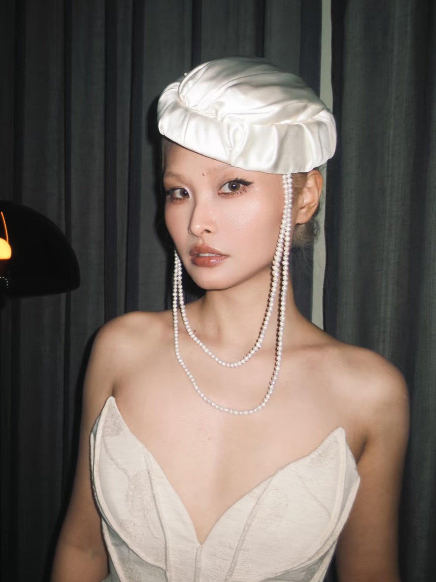 Minimalist Satin Bridal Pillbox Hat - Vintage Origami Pleated Wedding Cap with Long Cascading U-Shape Beaded Strands LUNA-X372