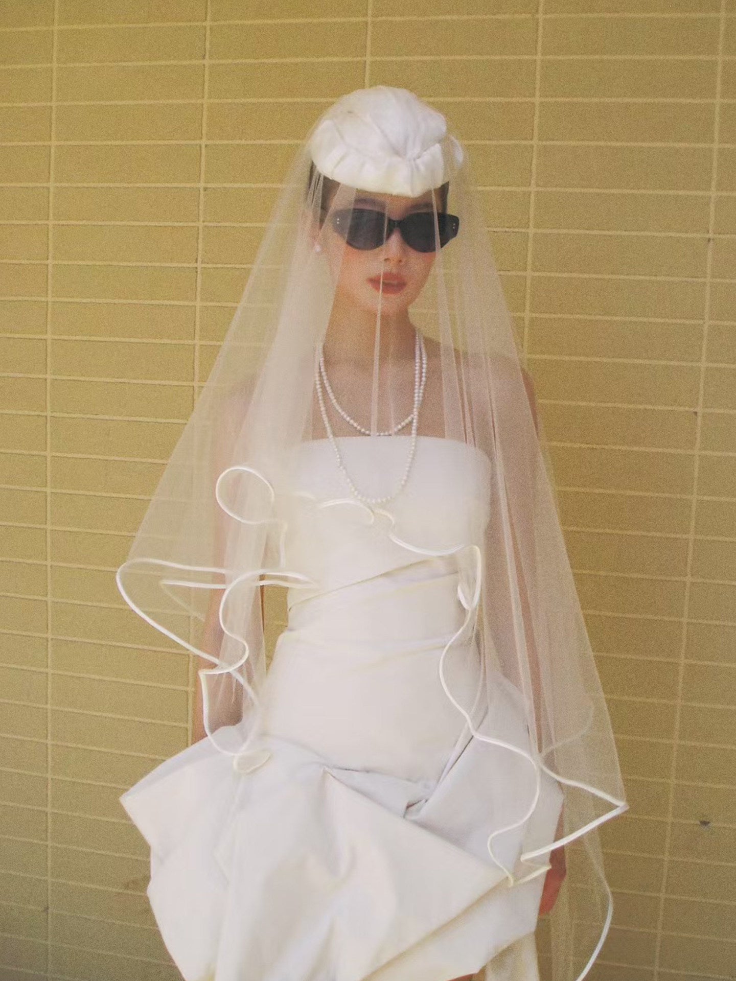 Minimalist Satin Bridal Pillbox Hat - Vintage Origami Pleated Wedding Cap with Long Cascading U-Shape Beaded Strands LUNA-X372