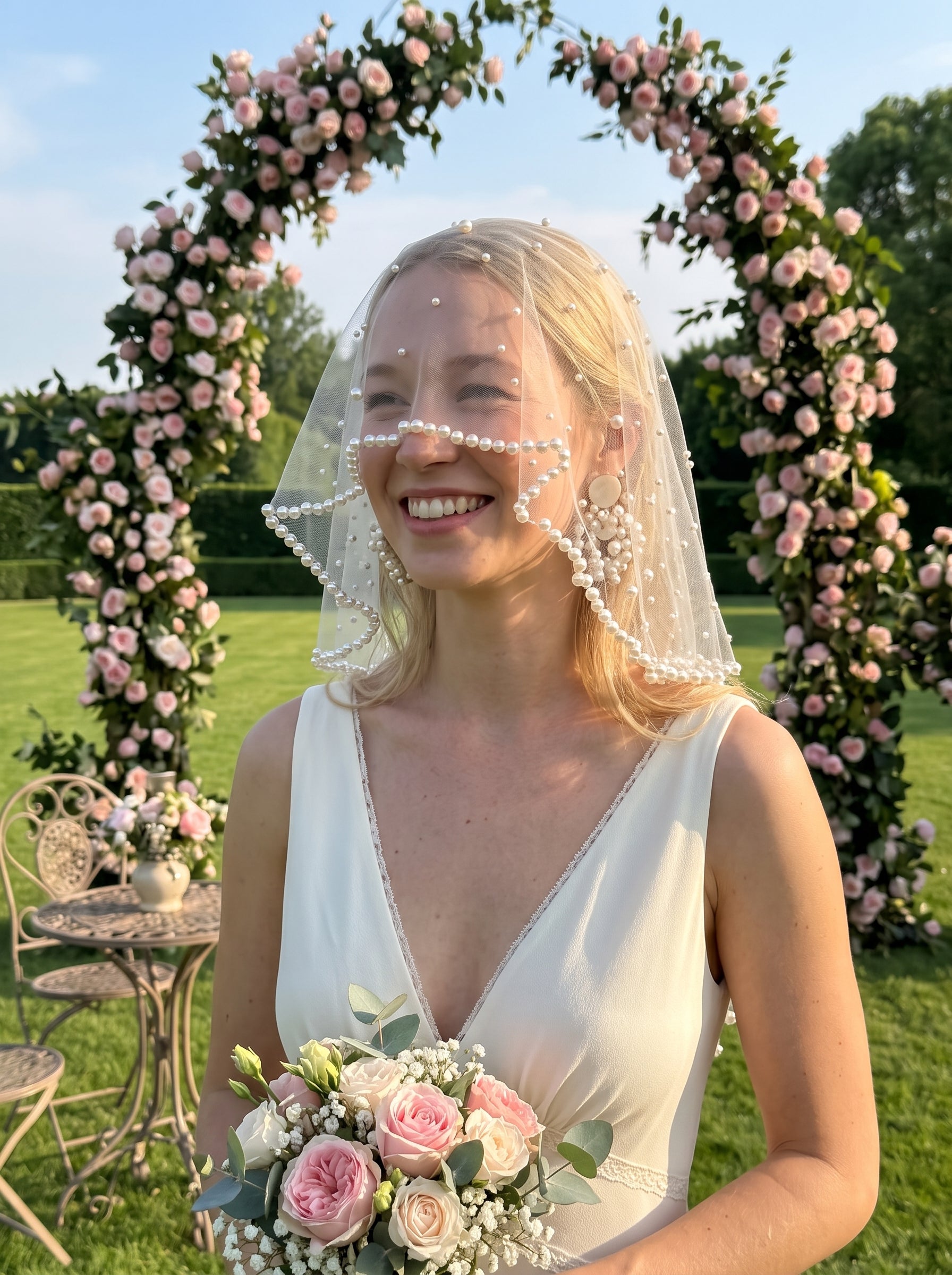 Retro Beaded Bridal Birdcage Veil - Luxury Hand-Embellished Blusher Veil with Scalloped Waved Bead Trim LUNA-X373