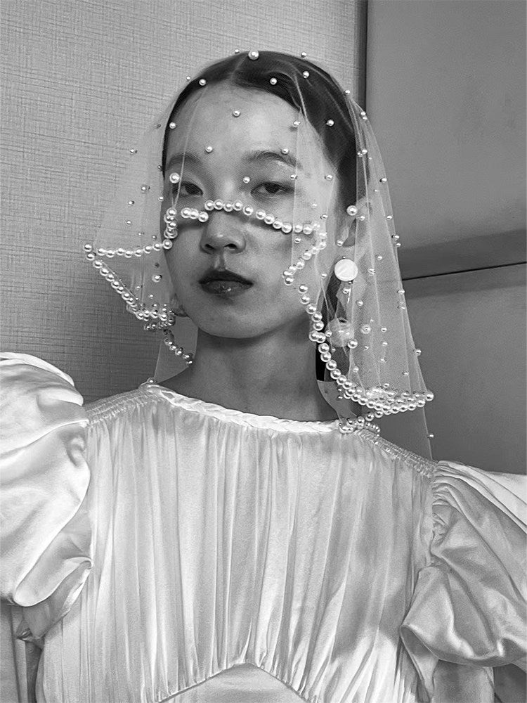 Retro Beaded Bridal Birdcage Veil - Luxury Hand-Embellished Blusher Veil with Scalloped Waved Bead Trim LUNA-X373