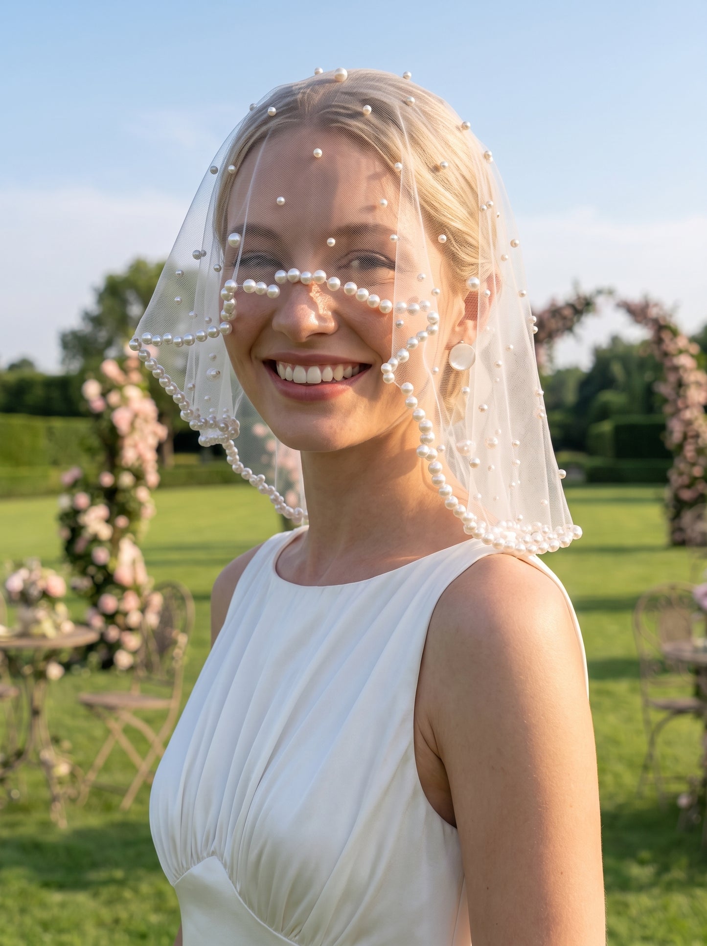 Retro Beaded Bridal Birdcage Veil - Luxury Hand-Embellished Blusher Veil with Scalloped Waved Bead Trim LUNA-X373